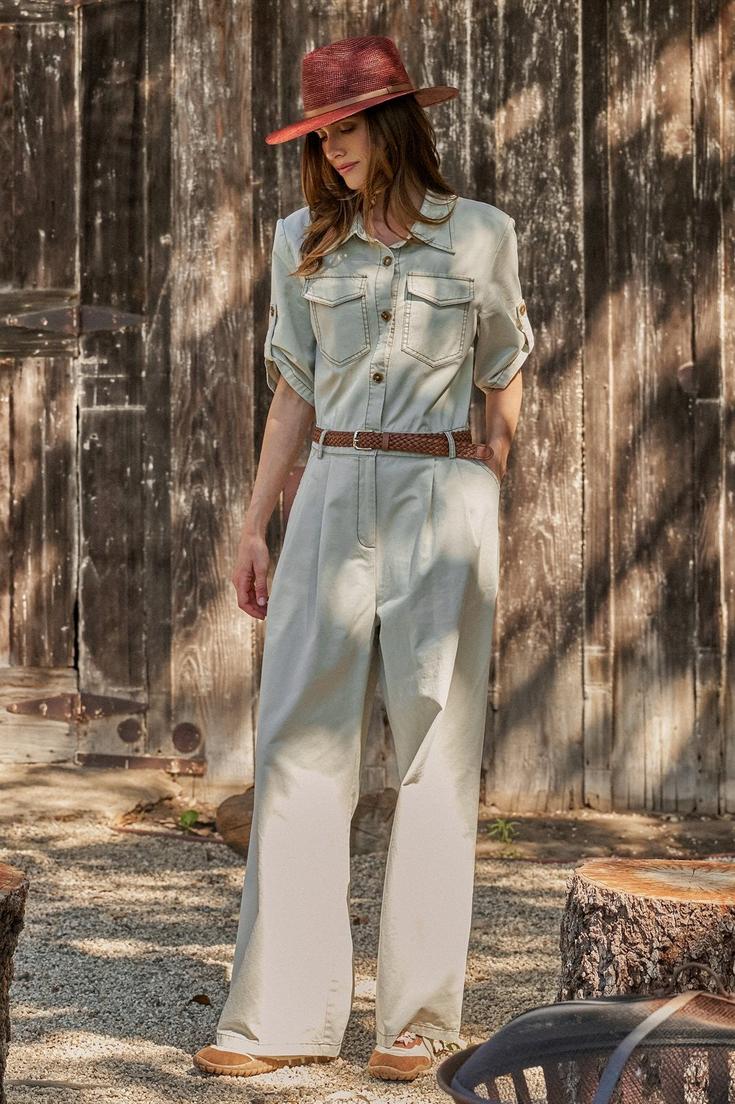 Cotton Utility Jumpsuit with Braided Belt in Khaki - Women's Jumpsuits | Urban Daizy
