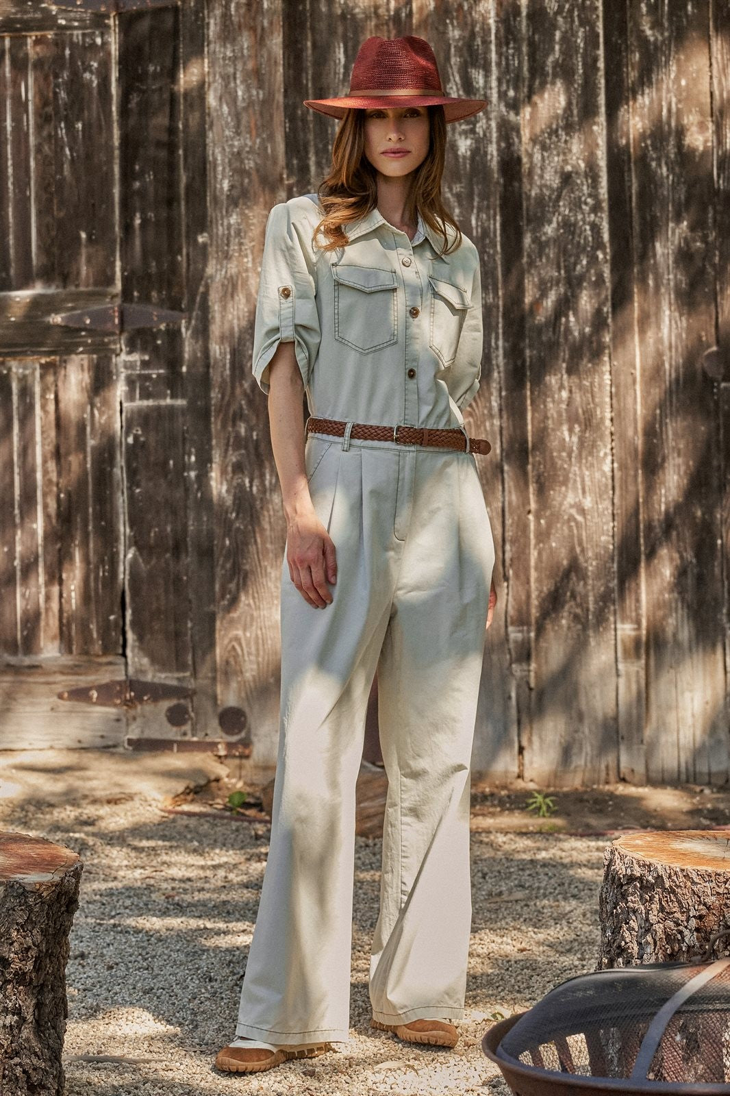 Cotton Utility Jumpsuit with Braided Belt in Khaki - Women's Jumpsuits | Urban Daizy