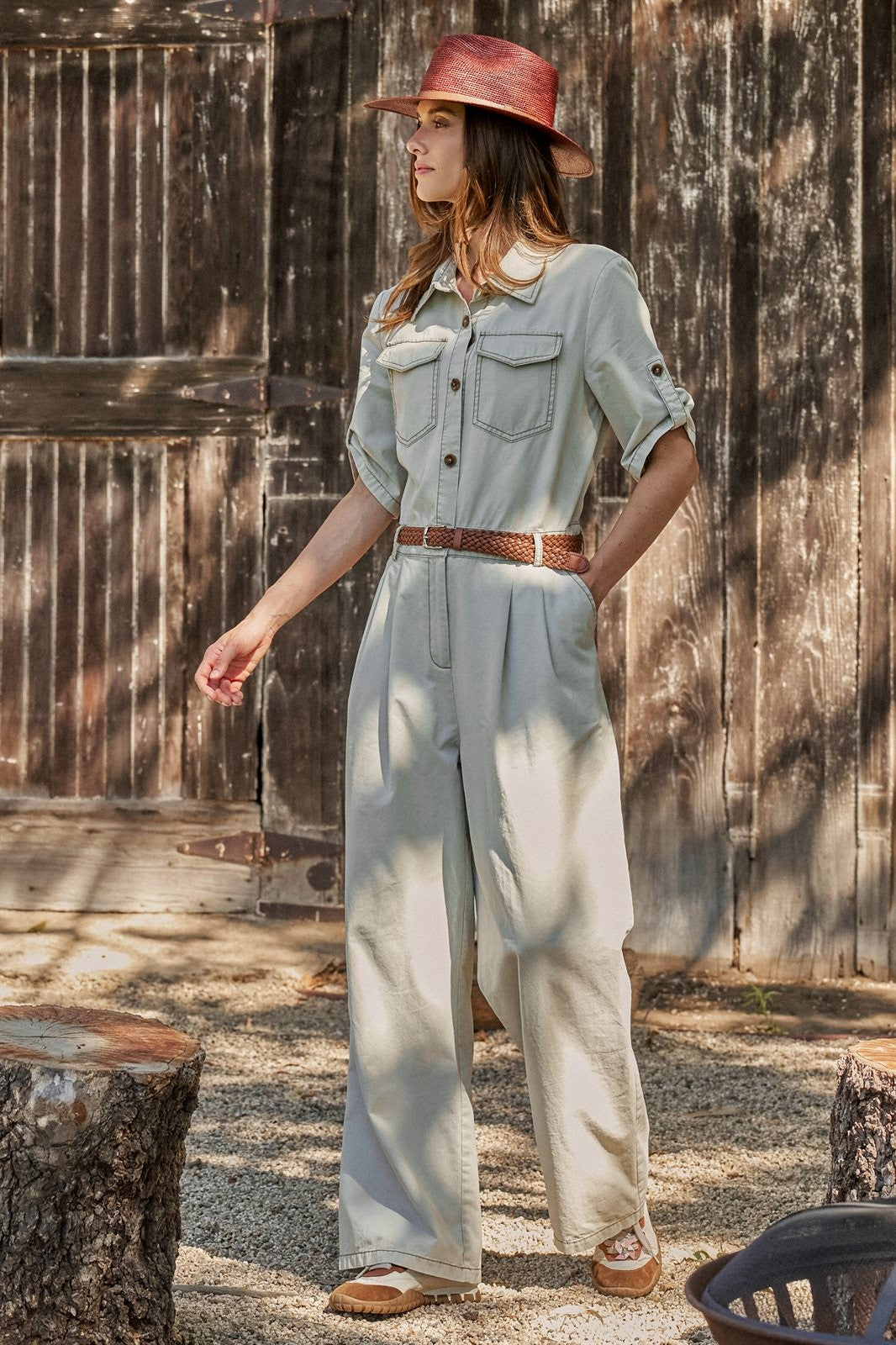 Cotton Utility Jumpsuit with Braided Belt in Khaki - Women's Jumpsuits | Urban Daizy
