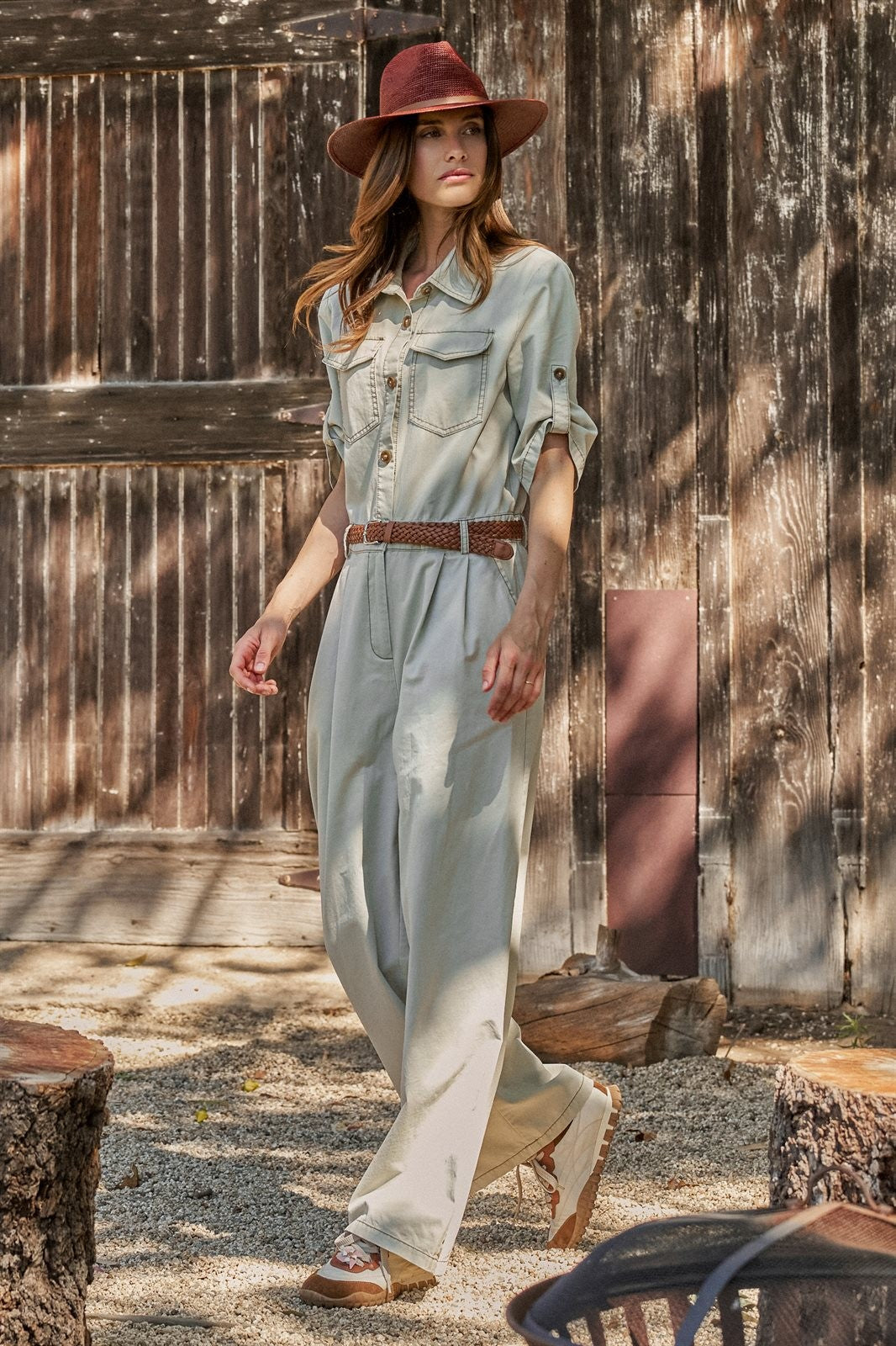 Cotton Utility Jumpsuit with Braided Belt in Khaki - Women's Jumpsuits | Urban Daizy