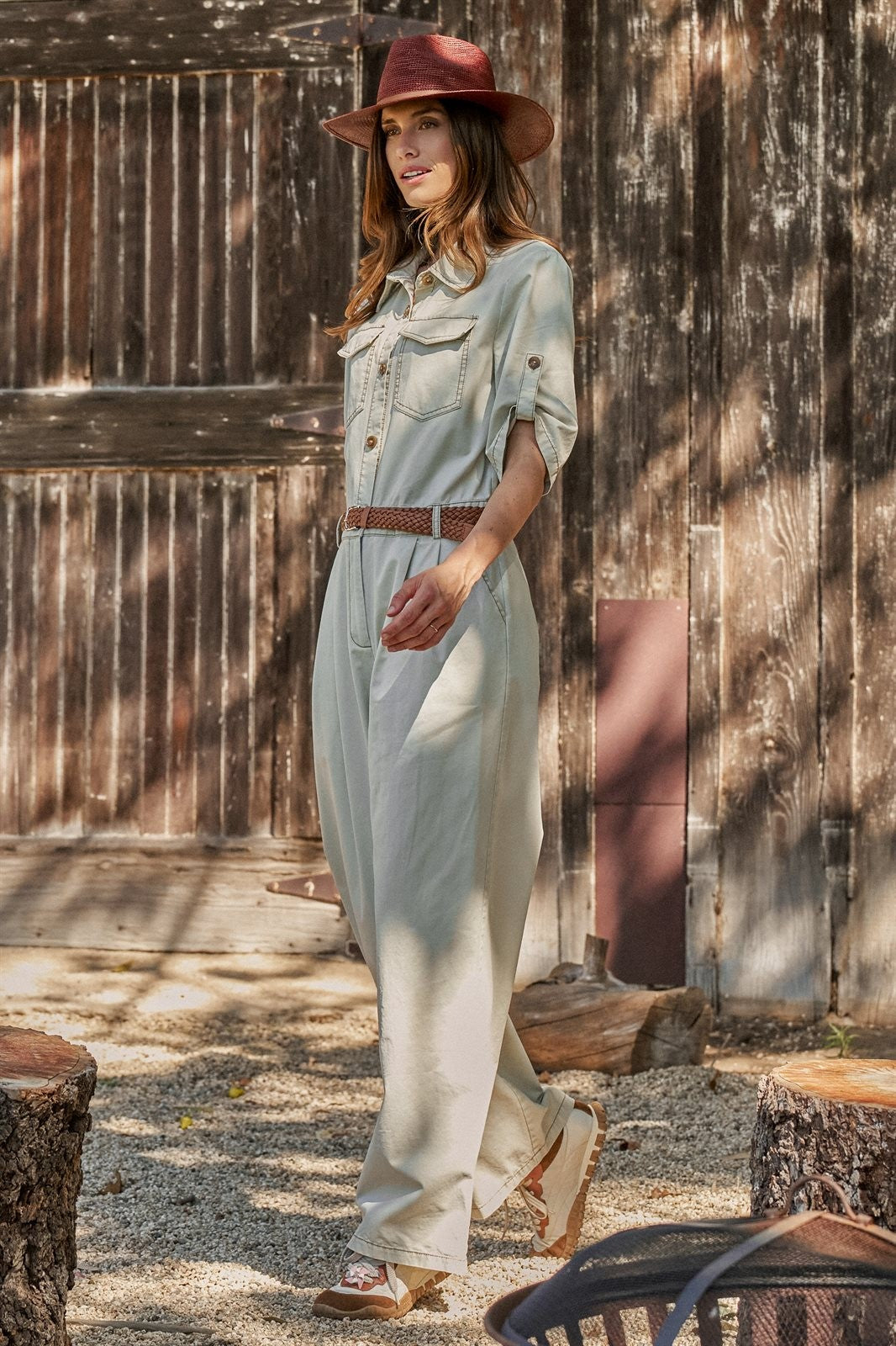 Cotton Utility Jumpsuit with Braided Belt in Khaki - Women's Jumpsuits | Urban Daizy