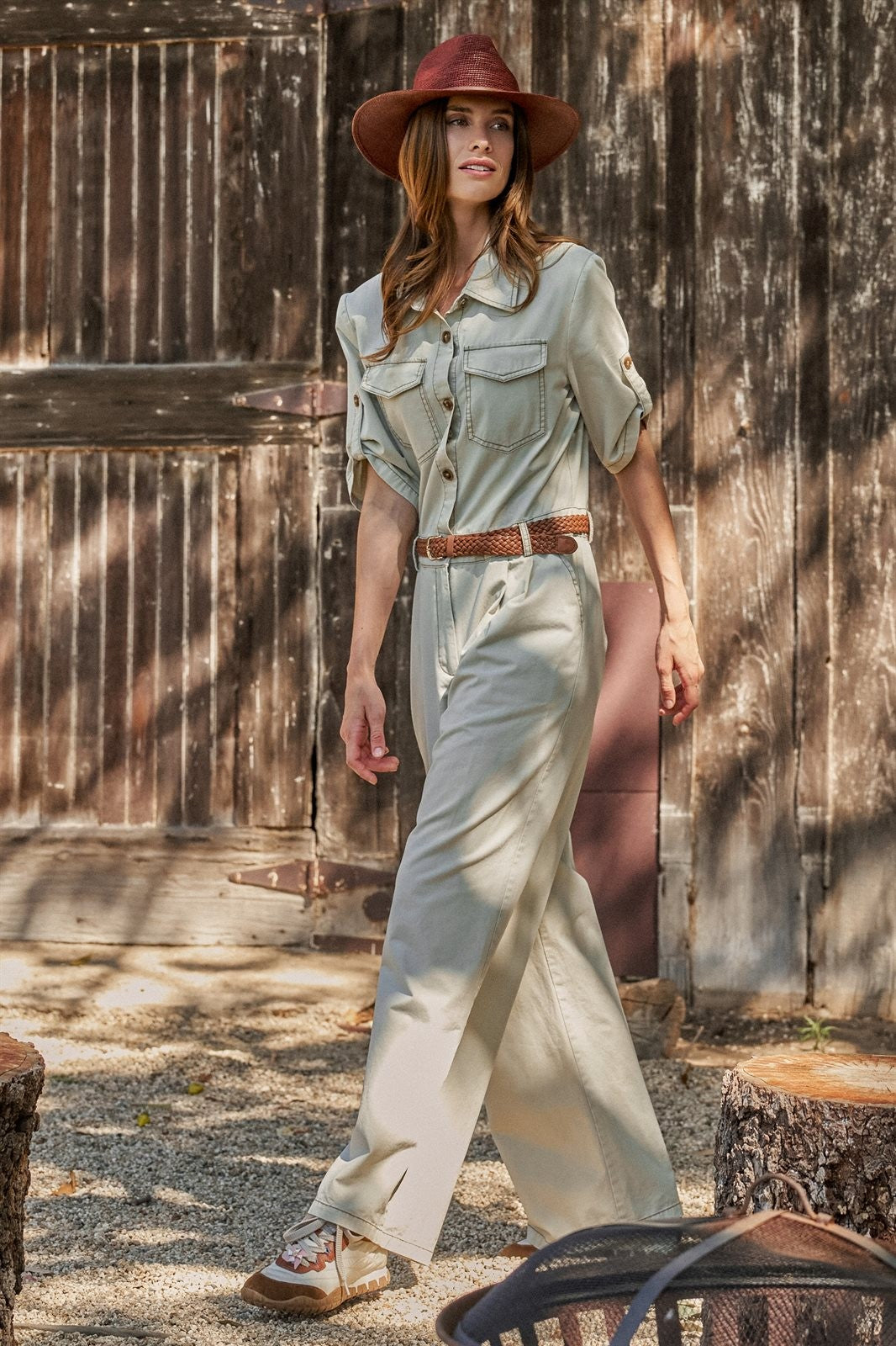Cotton Utility Jumpsuit with Braided Belt in Khaki - Women's Jumpsuits | Urban Daizy