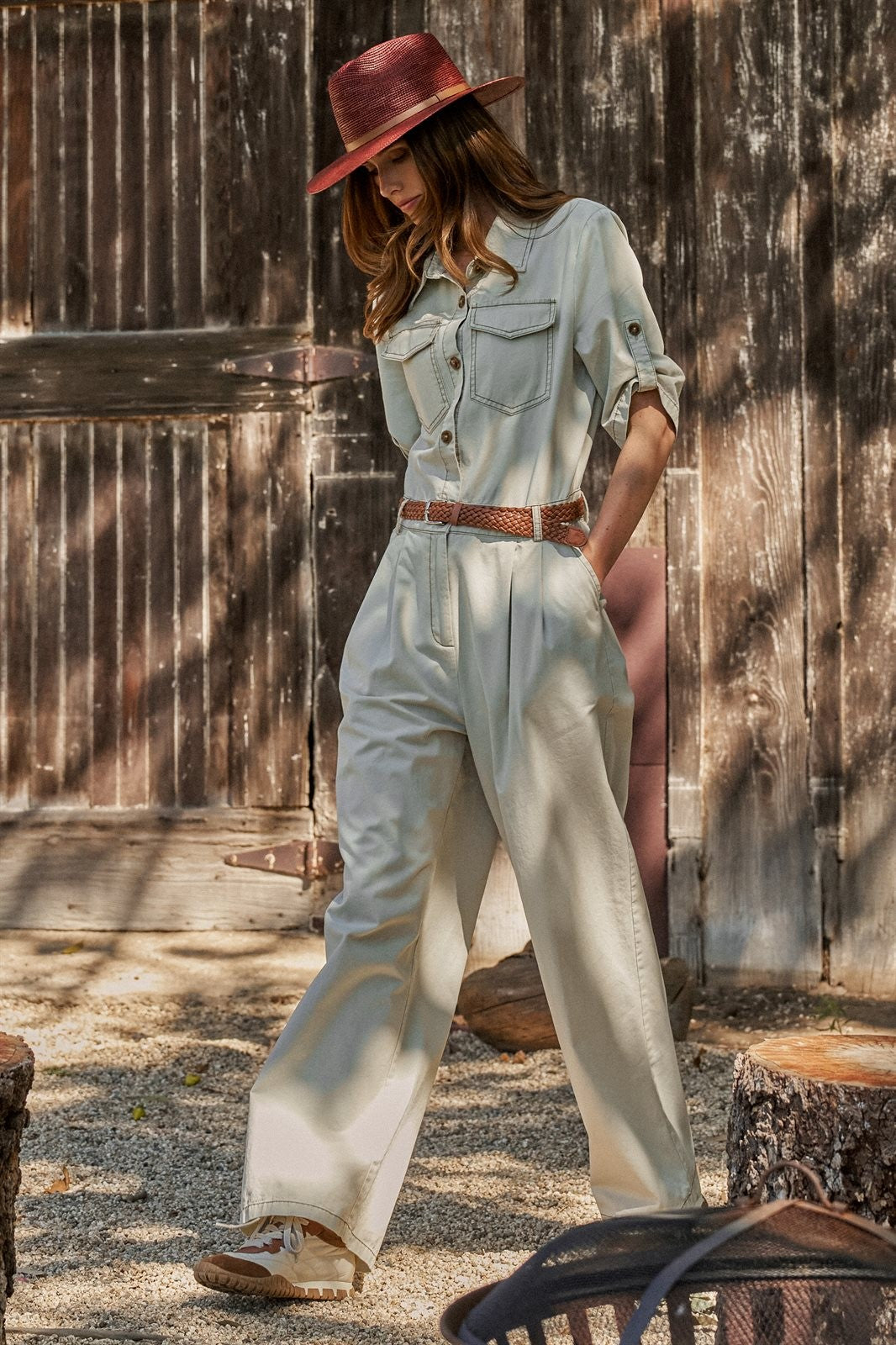 Cotton Utility Jumpsuit with Braided Belt in Khaki - Women's Jumpsuits | Urban Daizy