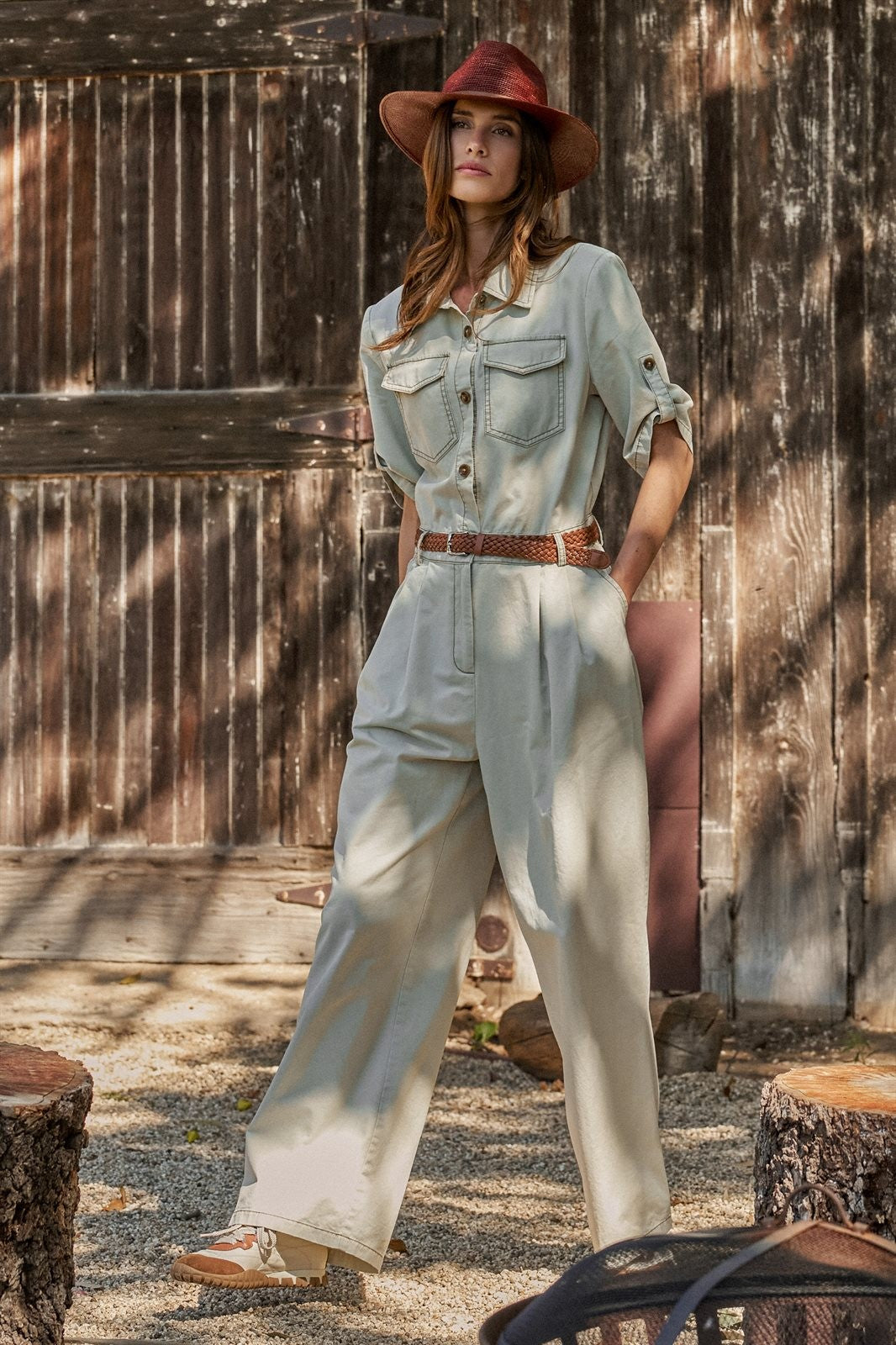 Cotton Utility Jumpsuit with Braided Belt in Khaki - Women's Jumpsuits | Urban Daizy