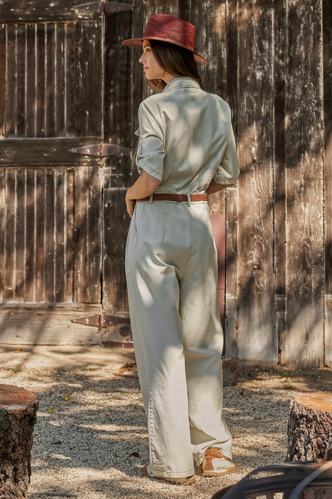 Cotton Utility Jumpsuit with Braided Belt in Khaki - Women's Jumpsuits | Urban Daizy