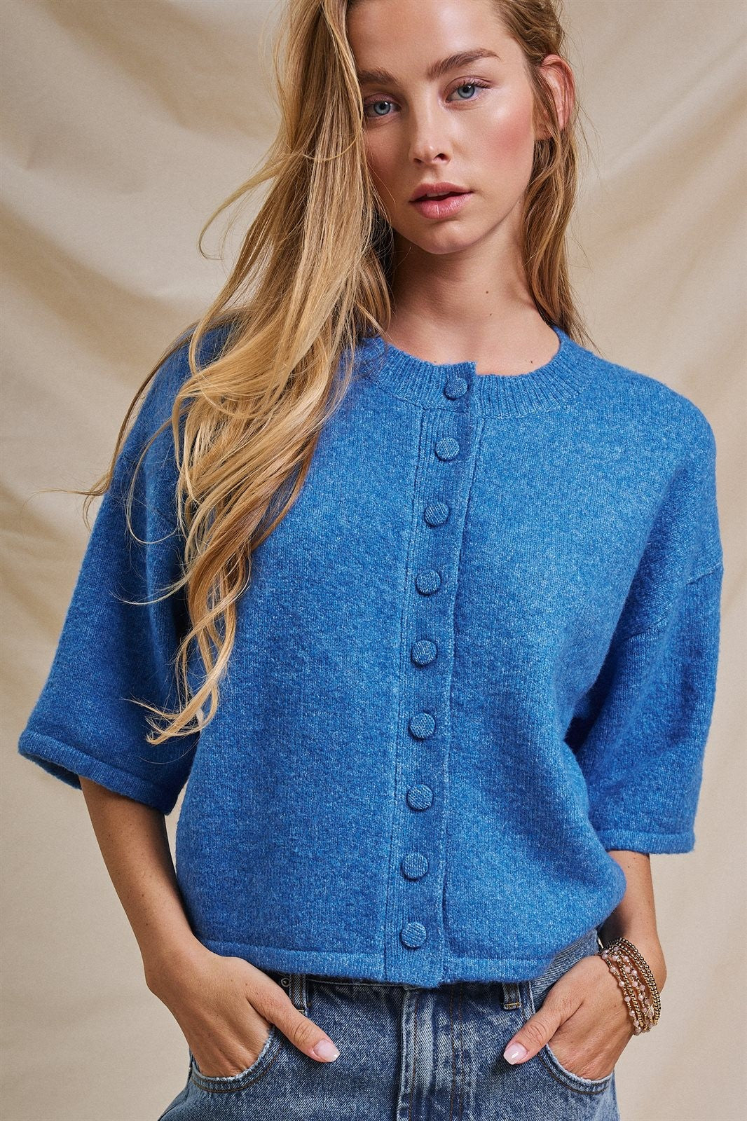 Cropped Knit Button-Front Cardigan Dropped Shoulder in Blue - Women's Fashion | Urban Daizy