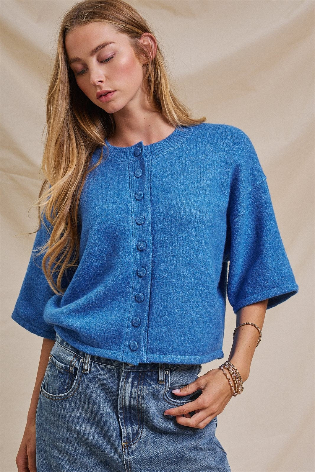 Cropped Knit Button-Front Cardigan Dropped Shoulder in Blue - Women's Fashion | Urban Daizy