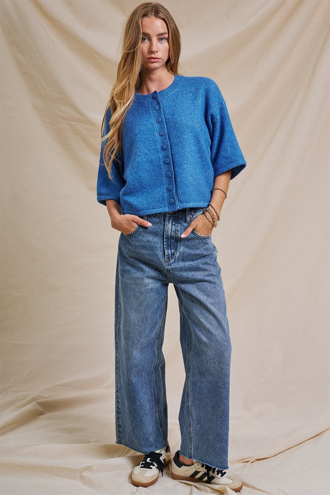 Cropped Knit Button-Front Cardigan Dropped Shoulder in Blue - Women's Fashion | Urban Daizy