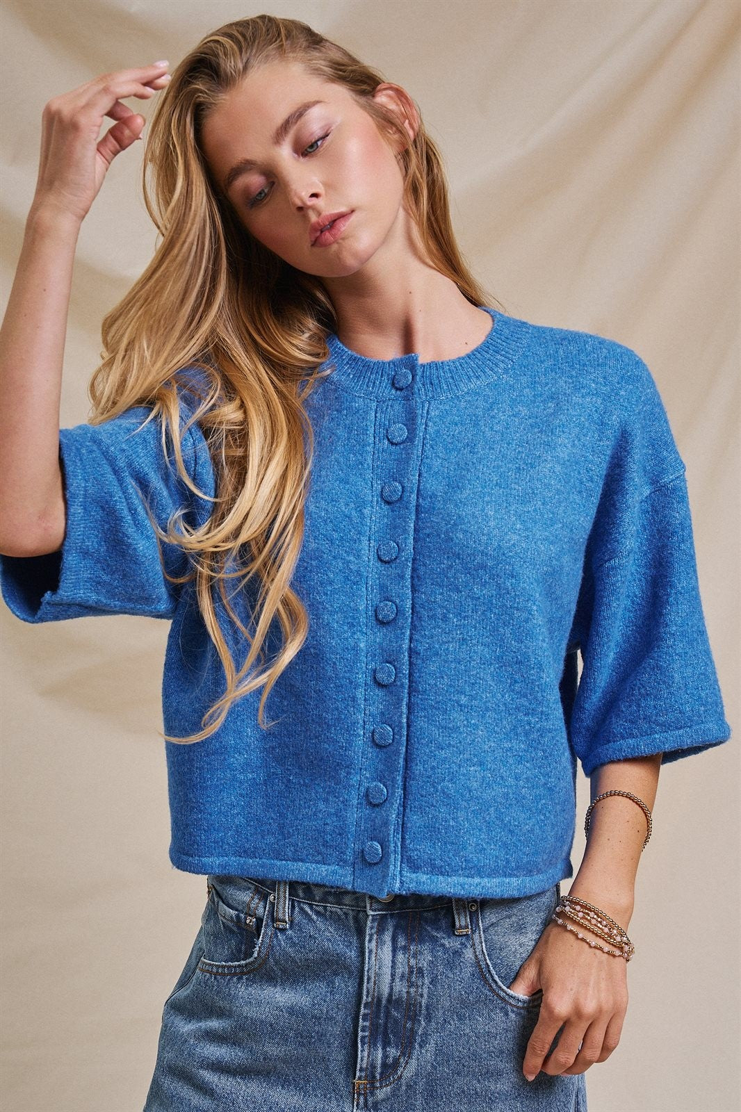 Cropped Knit Button-Front Cardigan Dropped Shoulder in Blue - Women's Fashion | Urban Daizy