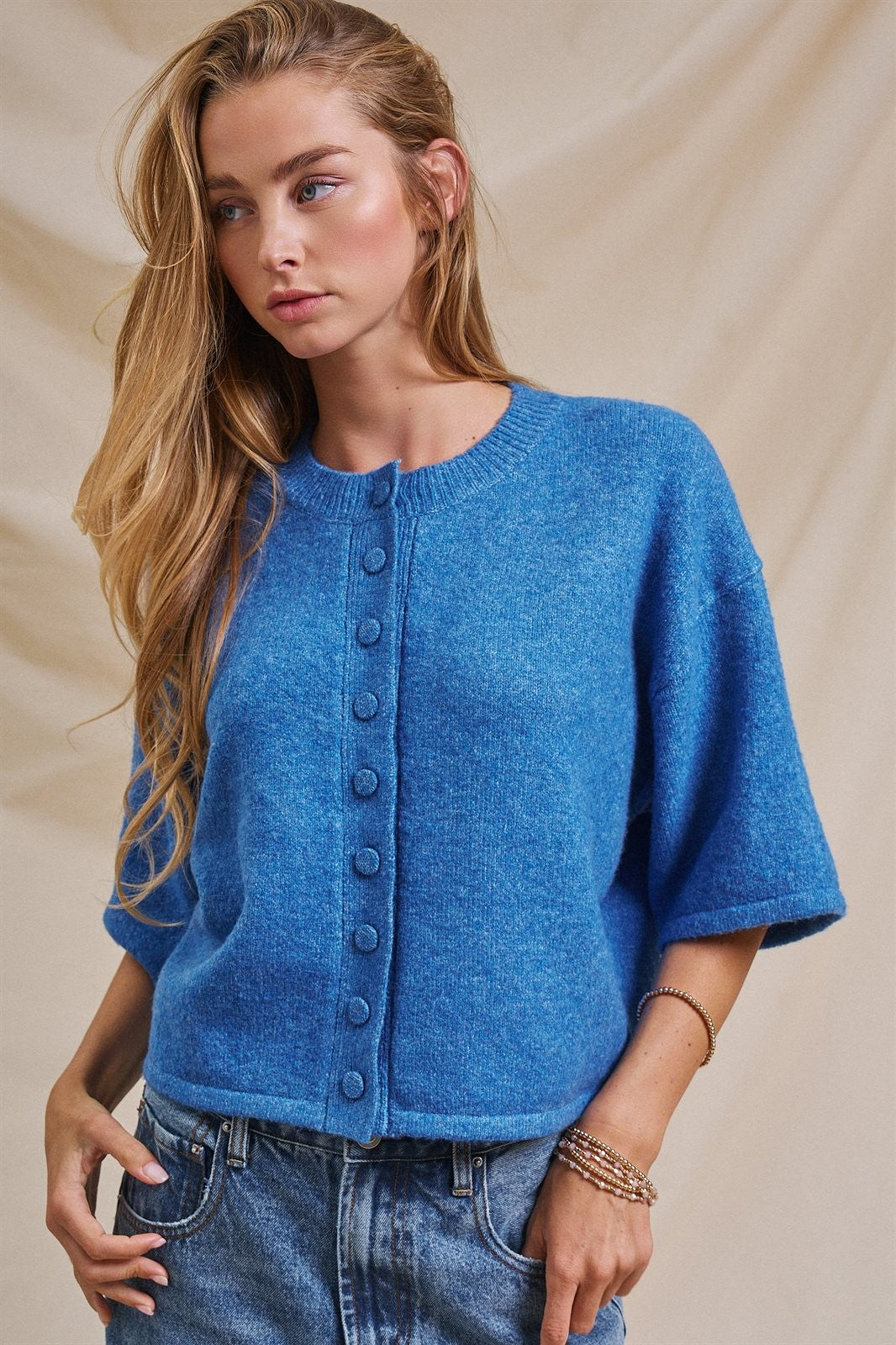 Cropped Knit Button-Front Cardigan Dropped Shoulder in Blue - Women's Fashion | Urban Daizy