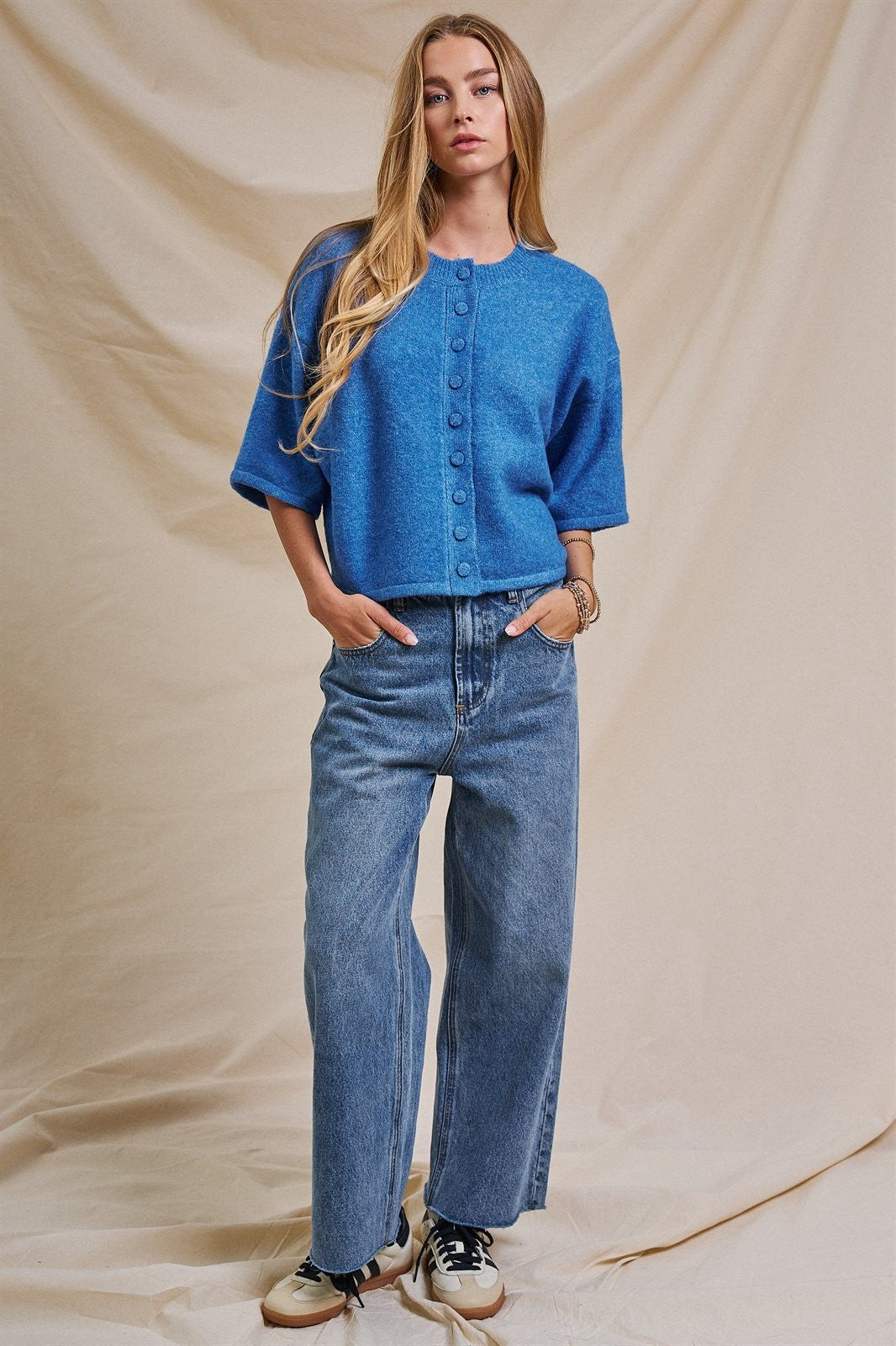 Cropped Knit Button-Front Cardigan Dropped Shoulder in Blue - Women's Fashion | Urban Daizy