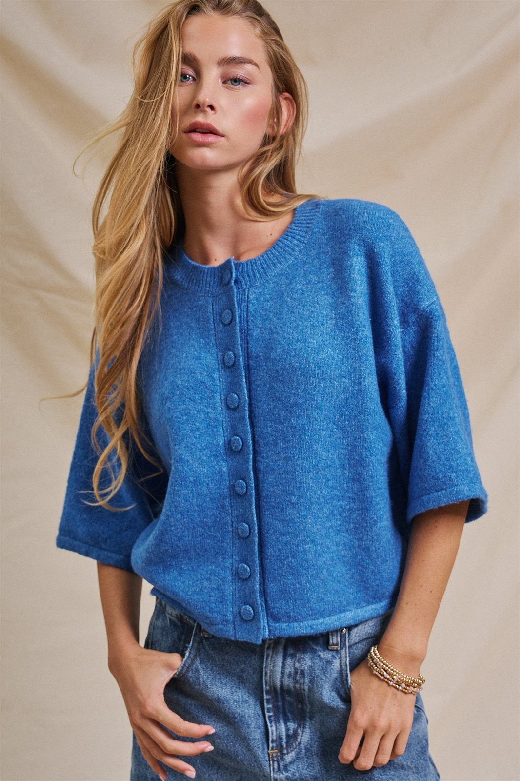 Cropped Knit Button-Front Cardigan Dropped Shoulder in Blue - Women's Fashion | Urban Daizy