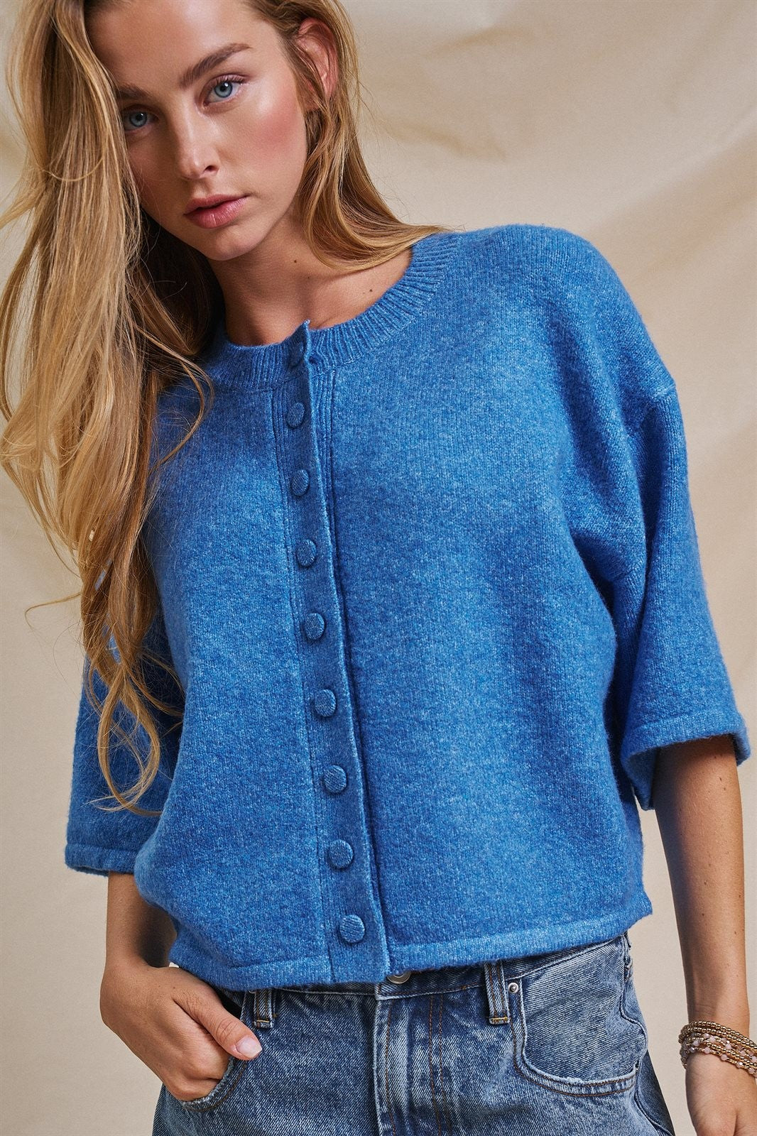 Cropped Knit Button-Front Cardigan Dropped Shoulder in Blue - Women's Fashion | Urban Daizy
