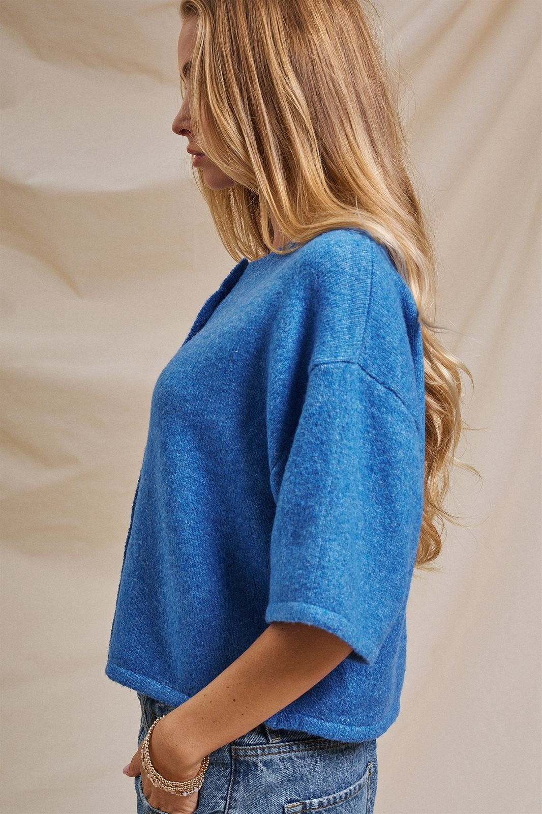 Cropped Knit Button-Front Cardigan Dropped Shoulder in Blue - Women's Fashion | Urban Daizy