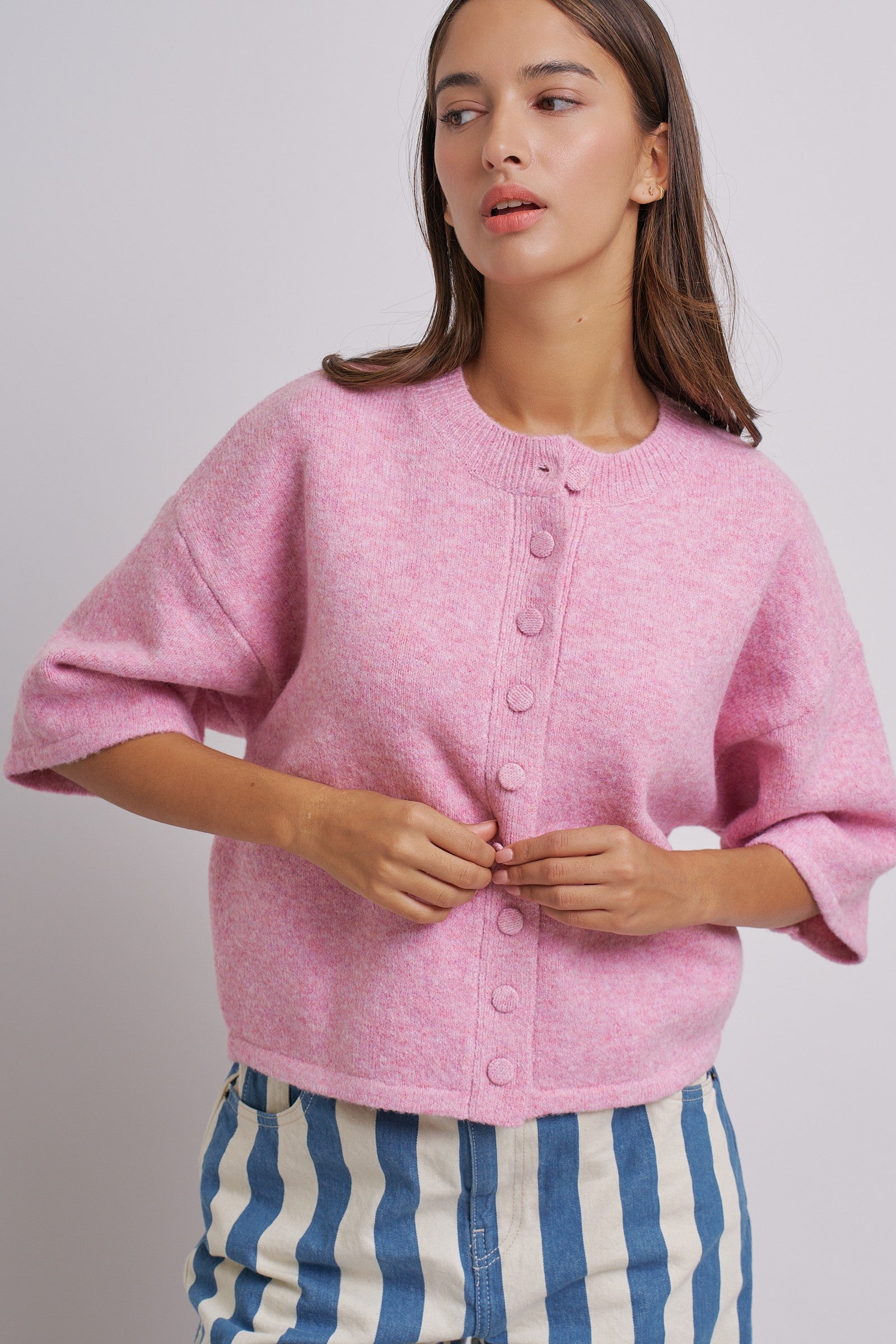Cropped Knit Button-Front Cardigan Dropped Shoulder in Pink - Women's Fashion | Urban Daizy