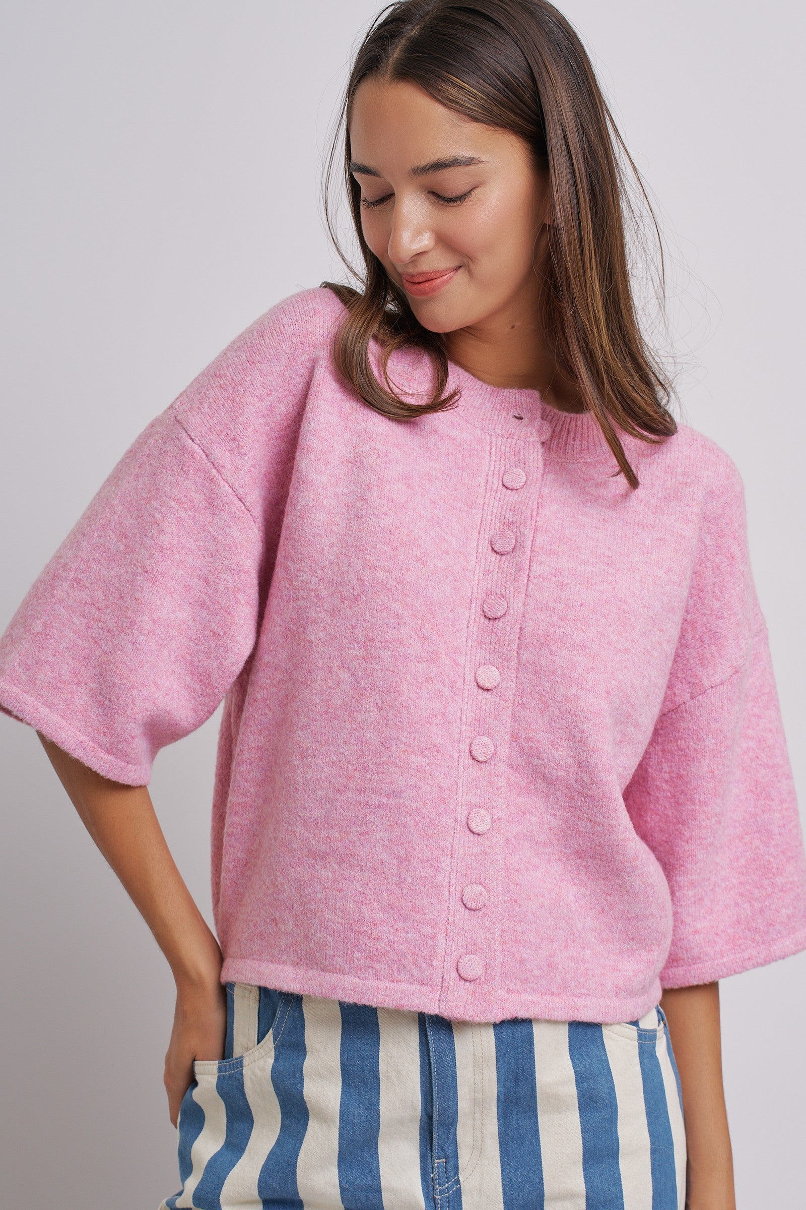 Cropped Knit Button-Front Cardigan Dropped Shoulder in Pink - Women's Fashion | Urban Daizy