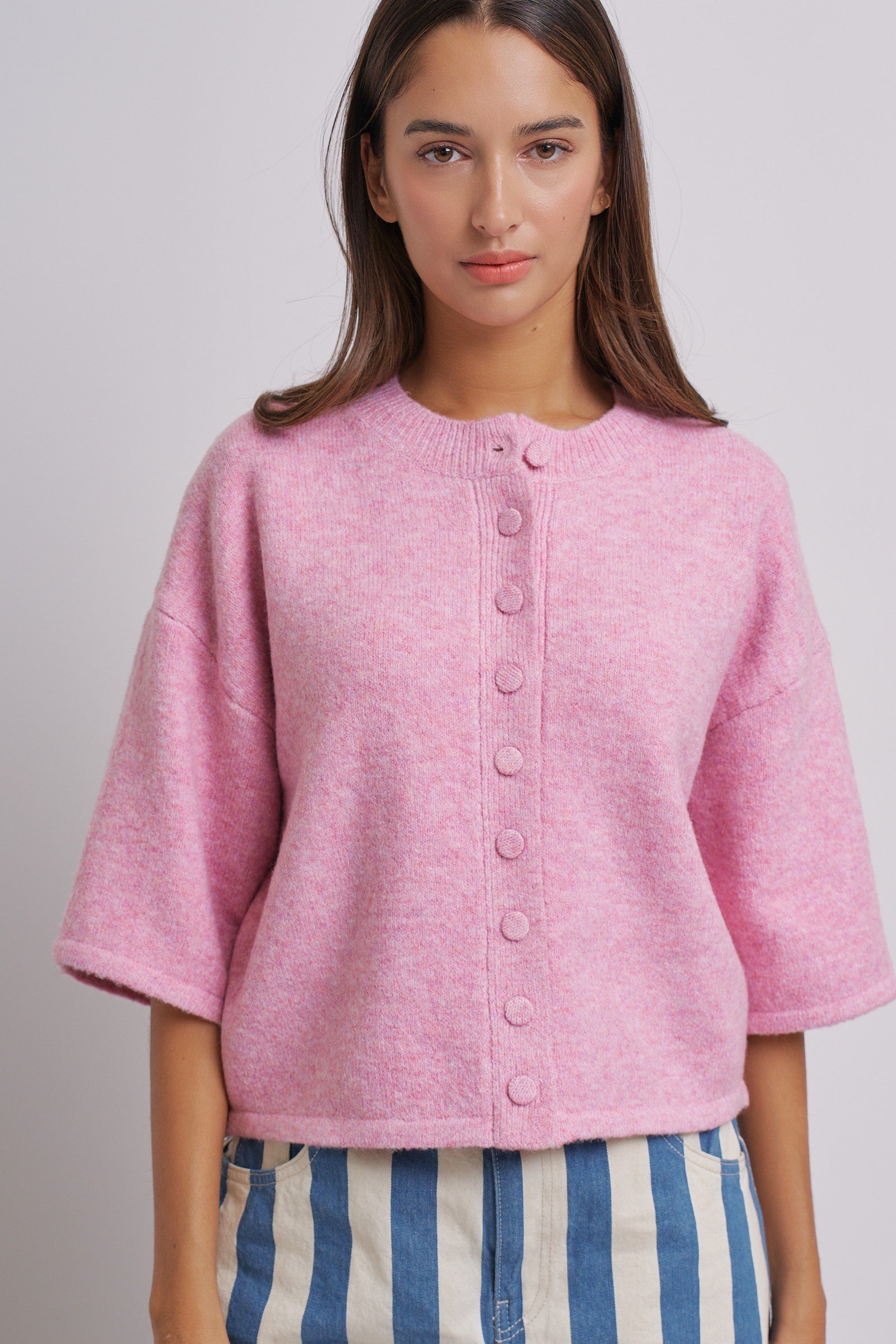 Cropped Knit Button-Front Cardigan Dropped Shoulder in Pink - Women's Fashion | Urban Daizy