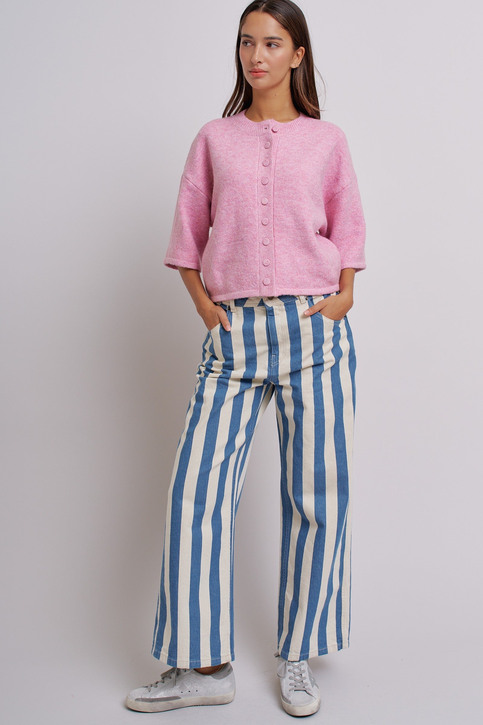 Cropped Knit Button-Front Cardigan Dropped Shoulder in Pink - Women's Fashion | Urban Daizy