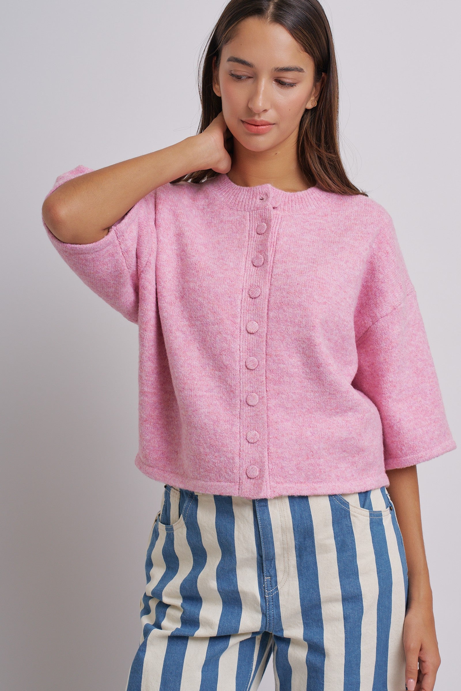Cropped Knit Button-Front Cardigan Dropped Shoulder in Pink - Women's Fashion | Urban Daizy