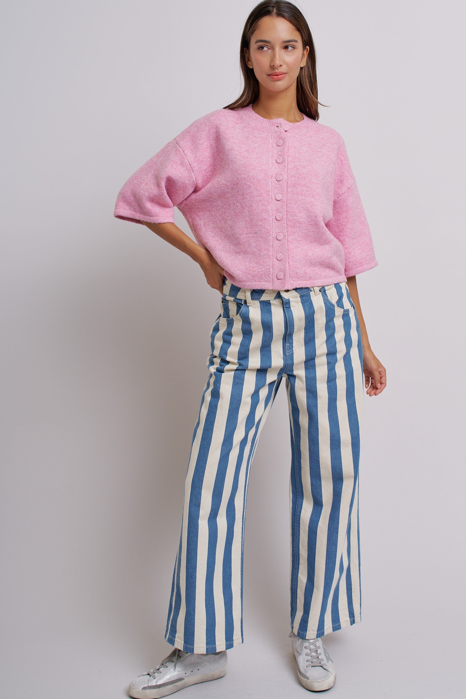 Cropped Knit Button-Front Cardigan Dropped Shoulder in Pink - Women's Fashion | Urban Daizy