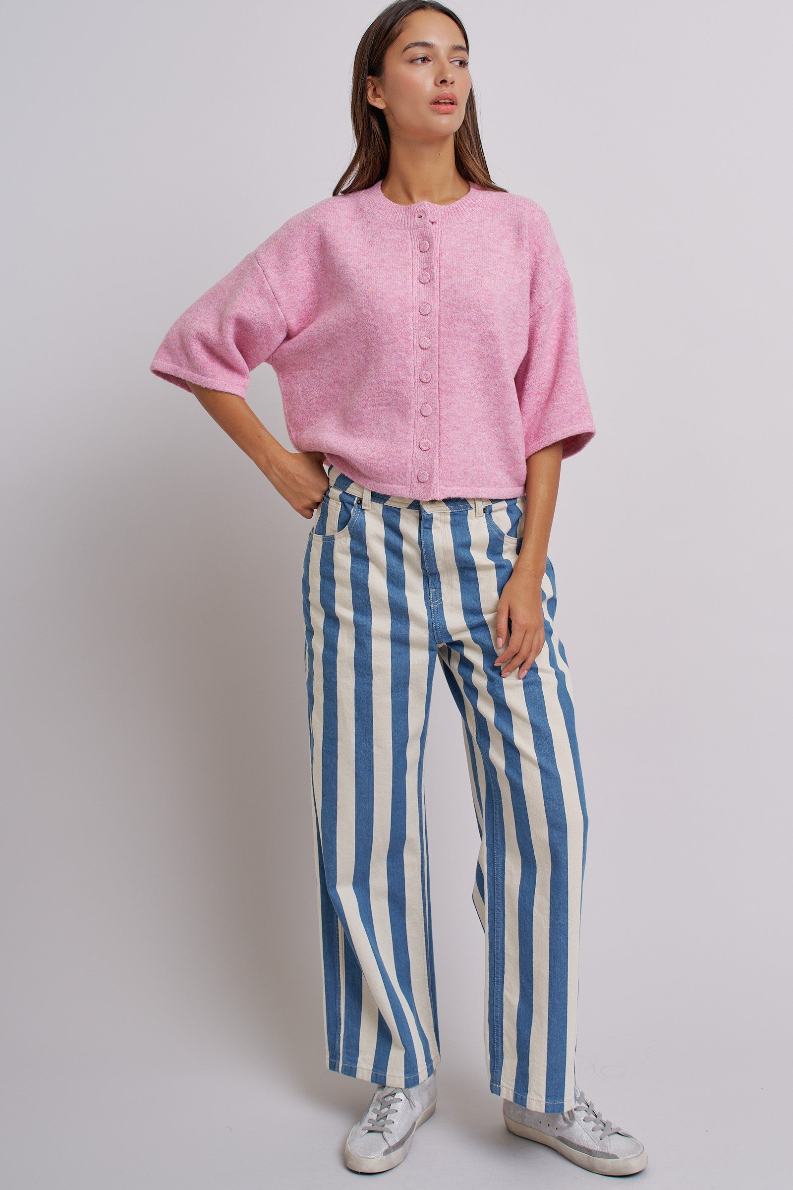 Cropped Knit Button-Front Cardigan Dropped Shoulder in Pink - Women's Fashion | Urban Daizy