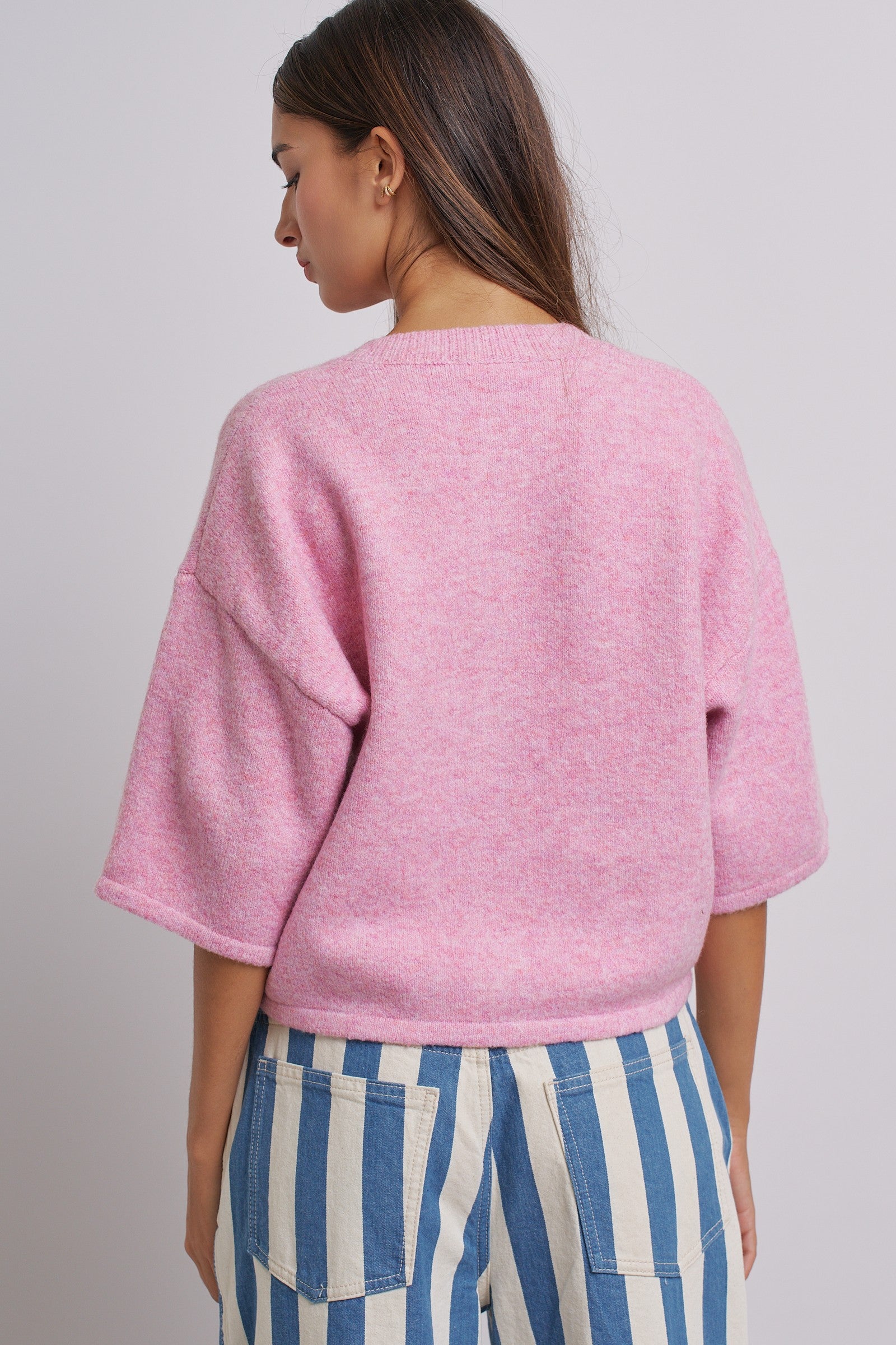 Cropped Knit Button-Front Cardigan Dropped Shoulder in Pink - Women's Fashion | Urban Daizy