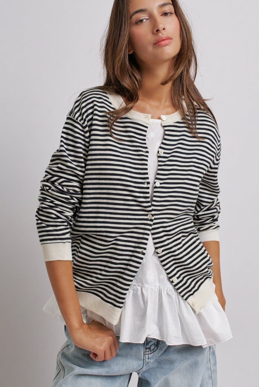Breton Striped Knit Button Front Cardigan in Black Ivory - Women's Fashion | Urban Daizy