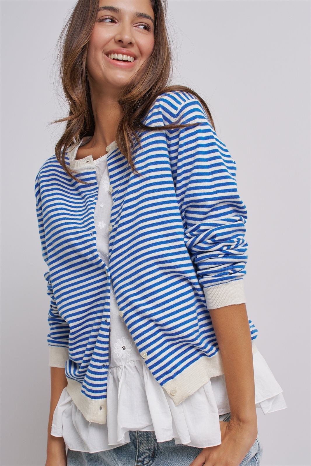 Breton Striped Knit Button Front Cardigan in Blue Ivory - Women's Fashion | Urban Daizy
