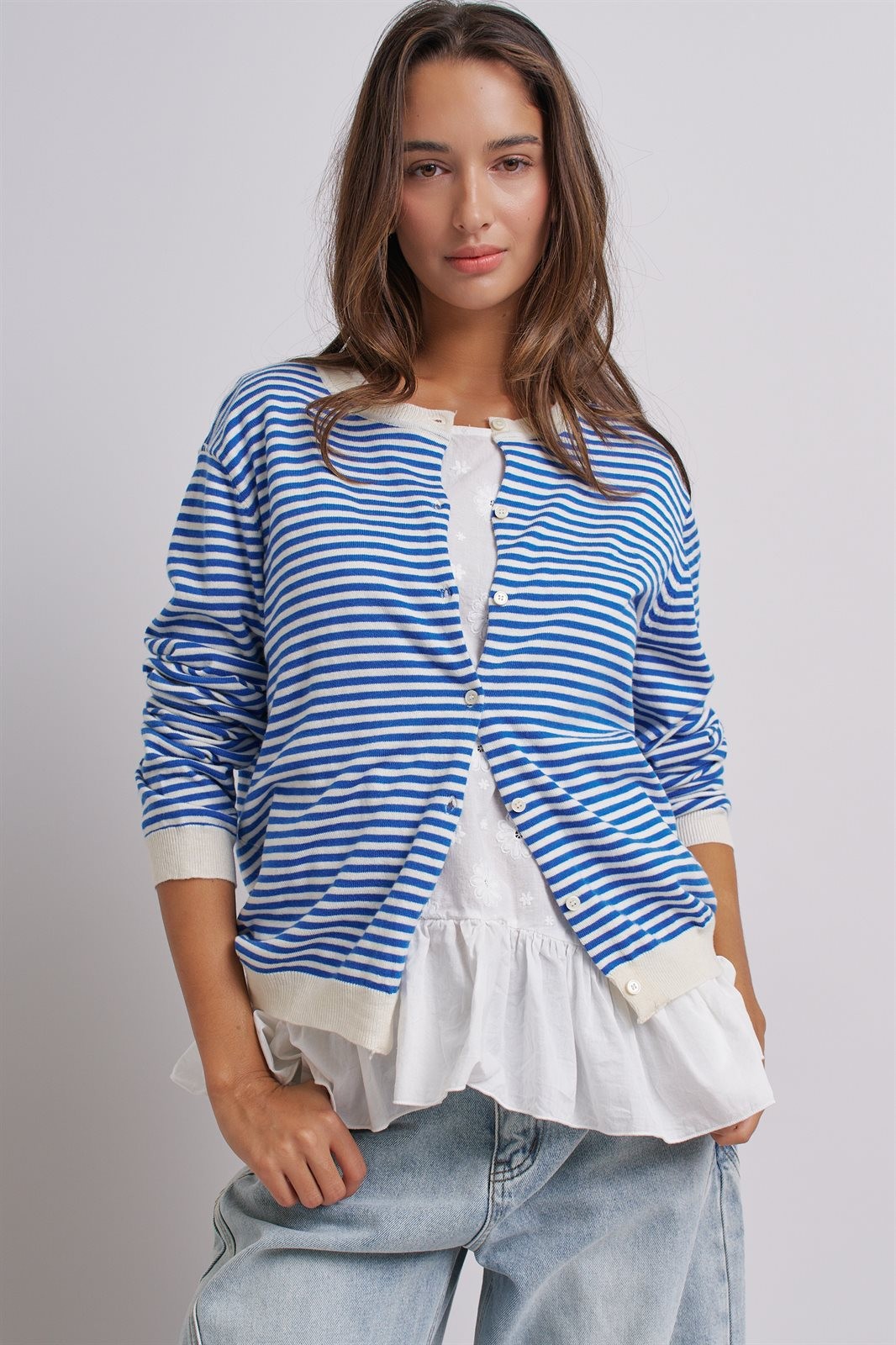 Breton Striped Knit Button Front Cardigan in Blue Ivory - Women's Fashion | Urban Daizy