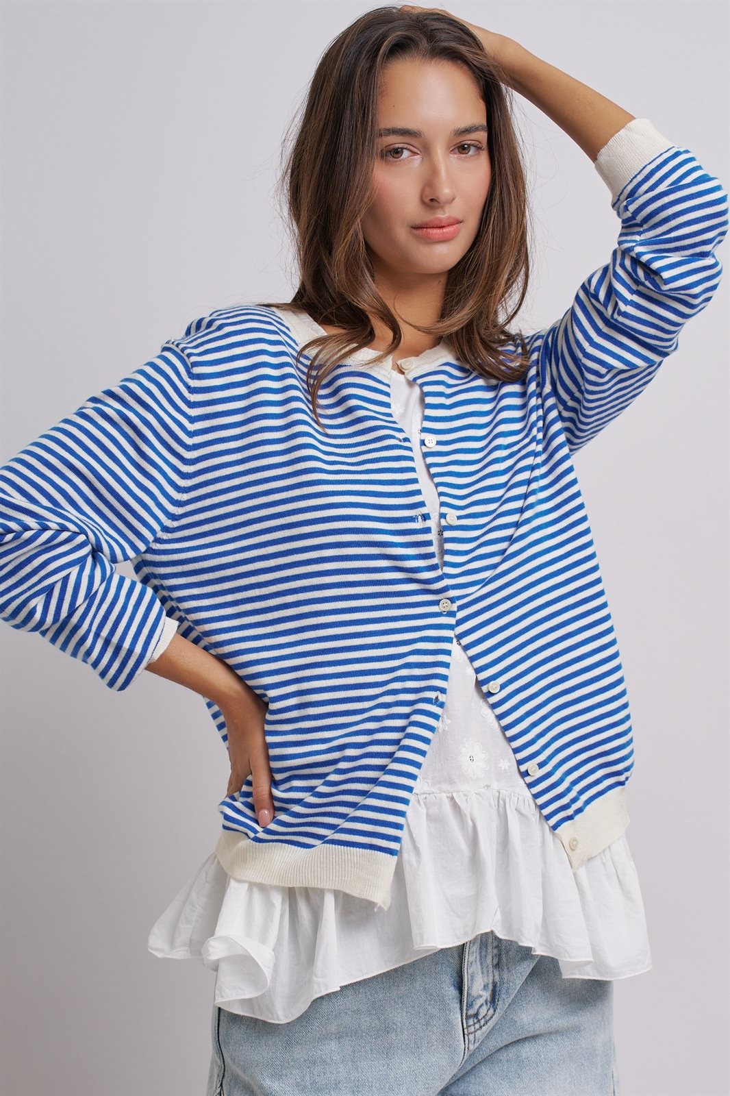 Breton Striped Knit Button Front Cardigan in Blue Ivory - Women's Fashion | Urban Daizy