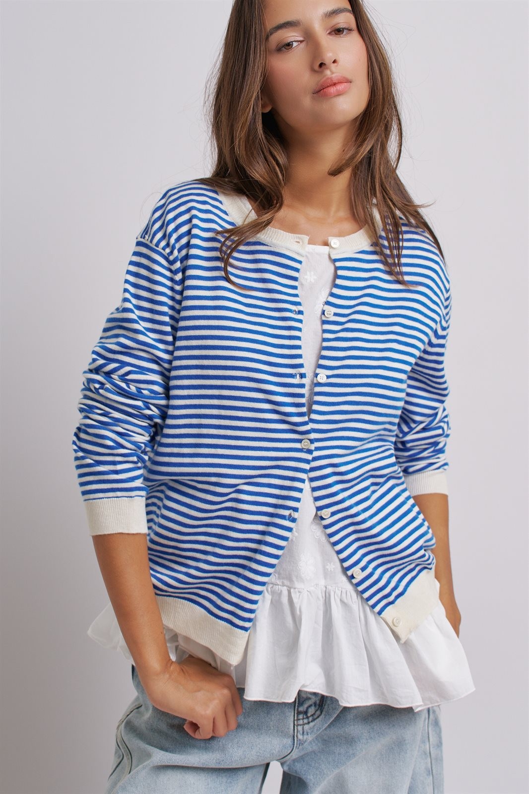 Breton Striped Knit Button Front Cardigan in Blue Ivory - Women's Fashion | Urban Daizy