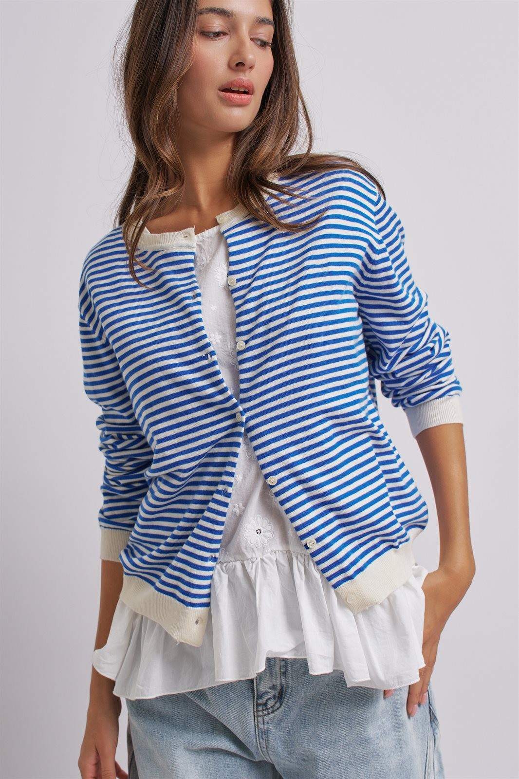 Breton Striped Knit Button Front Cardigan in Blue Ivory - Women's Fashion | Urban Daizy