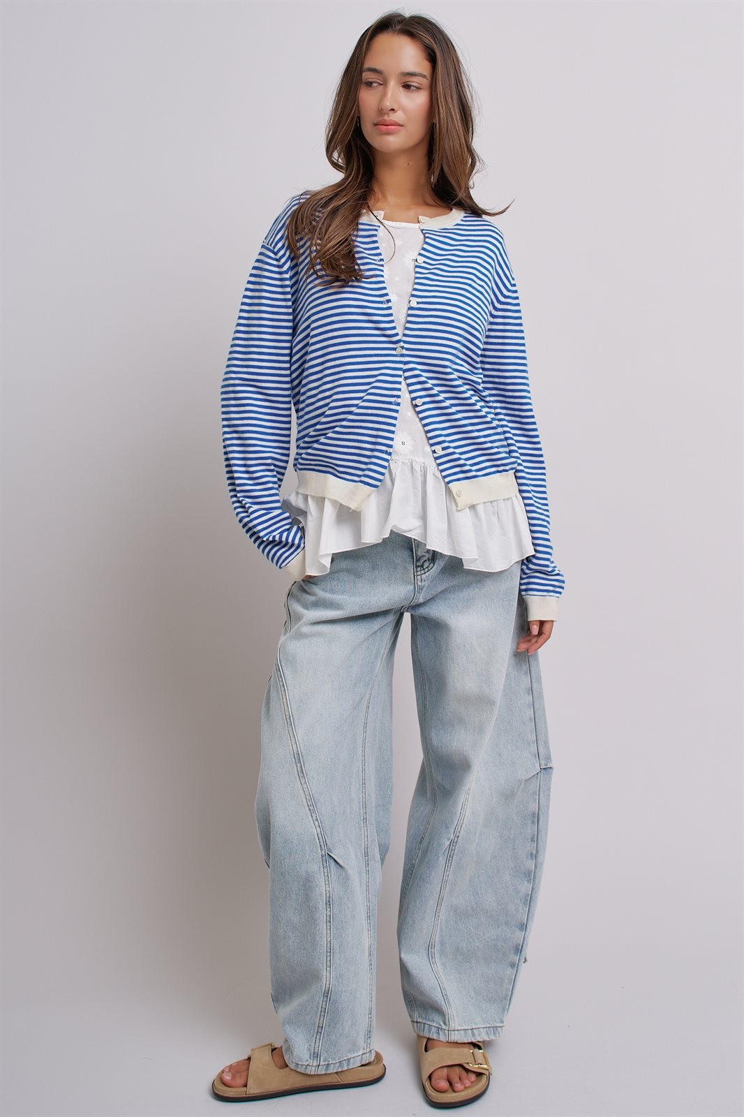 Breton Striped Knit Button Front Cardigan in Blue Ivory - Women's Fashion | Urban Daizy