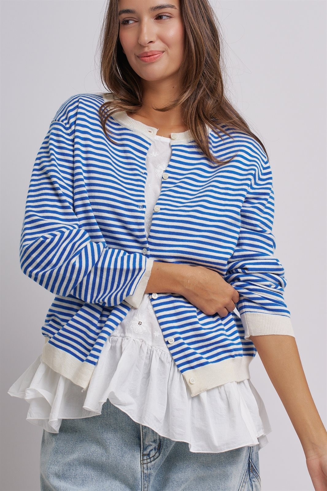 Breton Striped Knit Button Front Cardigan in Blue Ivory - Women's Fashion | Urban Daizy