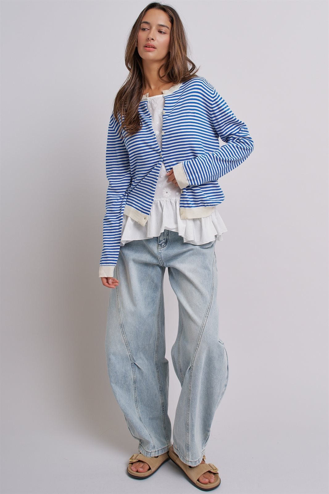 Breton Striped Knit Button Front Cardigan in Blue Ivory - Women's Fashion | Urban Daizy