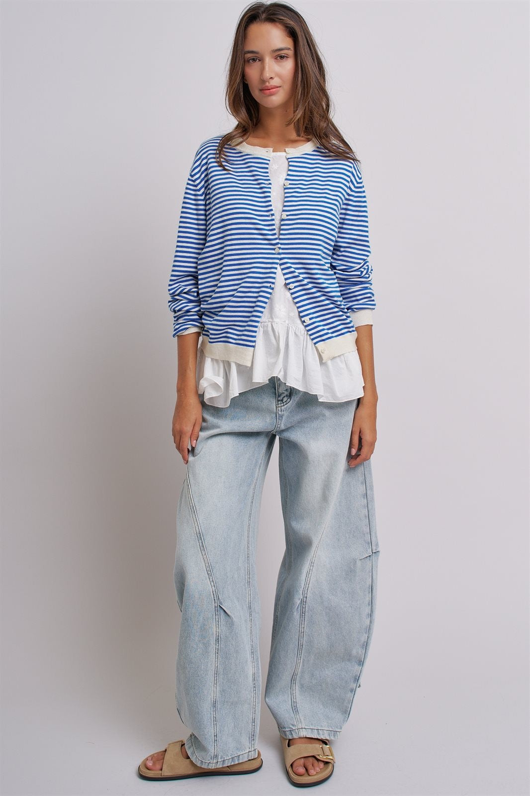 Breton Striped Knit Button Front Cardigan in Blue Ivory - Women's Fashion | Urban Daizy