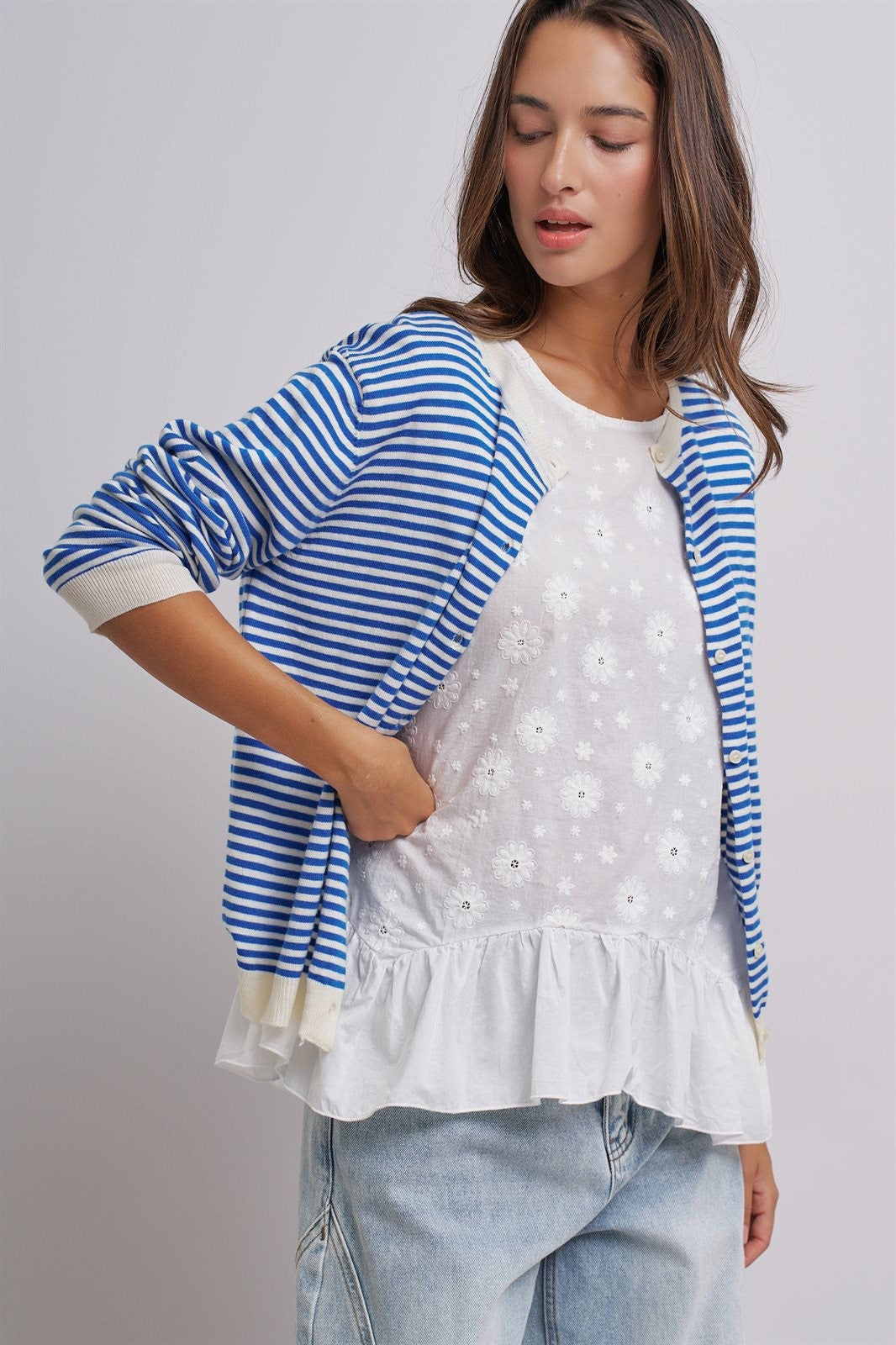 Breton Striped Knit Button Front Cardigan in Blue Ivory - Women's Fashion | Urban Daizy