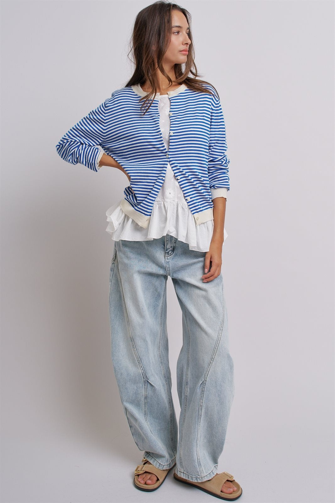 Breton Striped Knit Button Front Cardigan in Blue Ivory - Women's Fashion | Urban Daizy