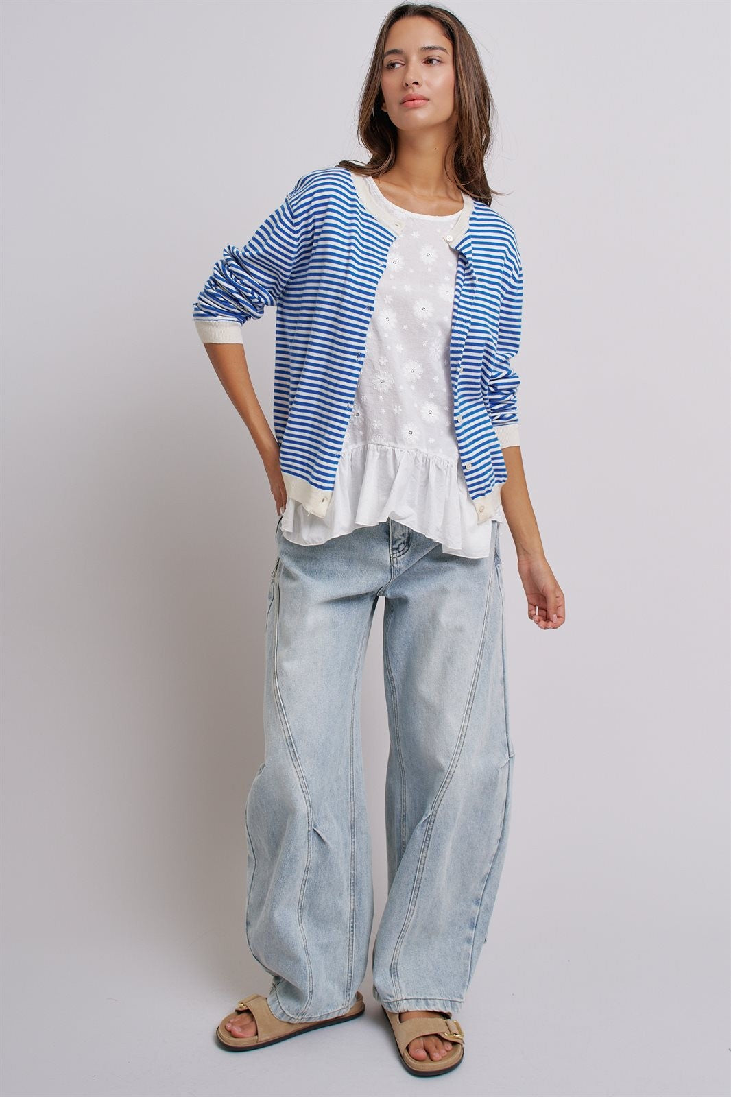 Breton Striped Knit Button Front Cardigan in Blue Ivory - Women's Fashion | Urban Daizy