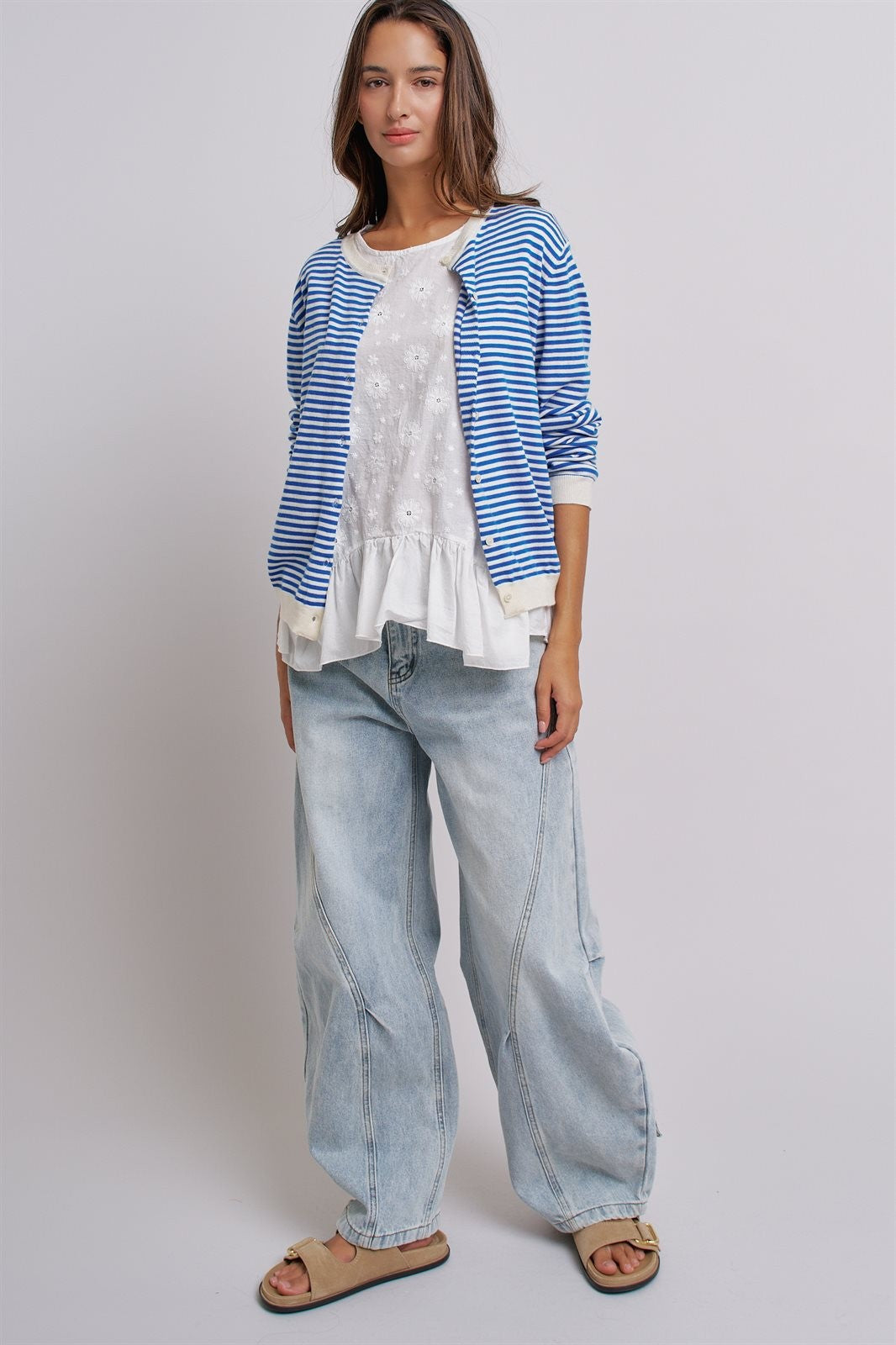 Breton Striped Knit Button Front Cardigan in Blue Ivory - Women's Fashion | Urban Daizy