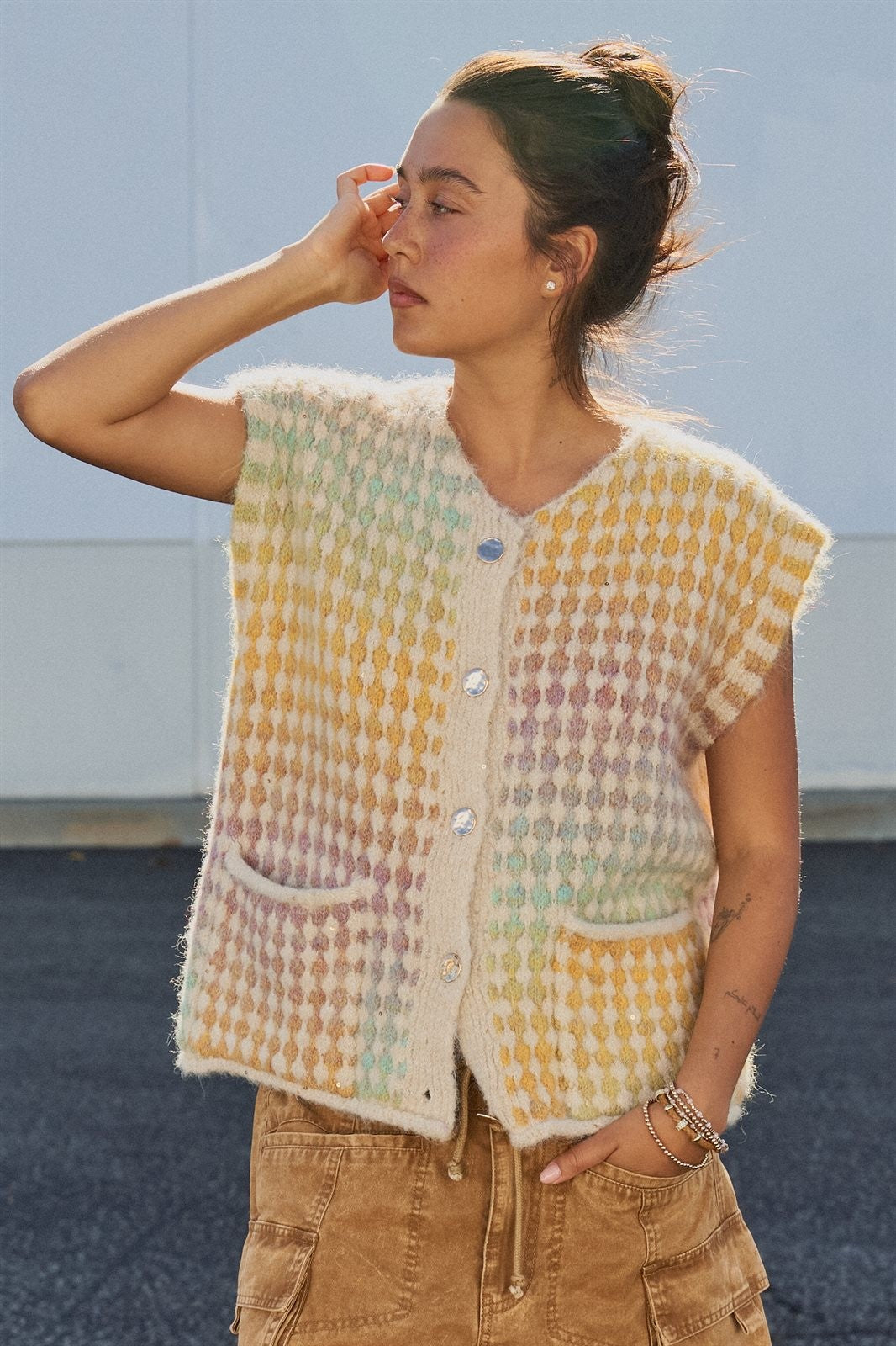 Popcorn Knit Button Front Sweater Vest in Mustard - Women's Fashion | Urban Daizy