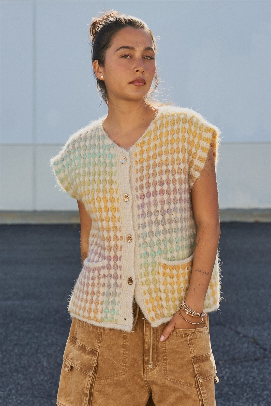 Popcorn Knit Button Front Sweater Vest in Mustard - Women's Fashion | Urban Daizy