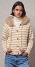 Striped Faux Fur Hood Knit Cardigan with Pom-Pom in Taupe	 - Women's Jackets & Blazers | Urban Daizy