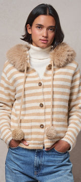 Striped Faux Fur Hood Knit Cardigan with Pom-Pom in Taupe	 - Women's Jackets & Blazers | Urban Daizy