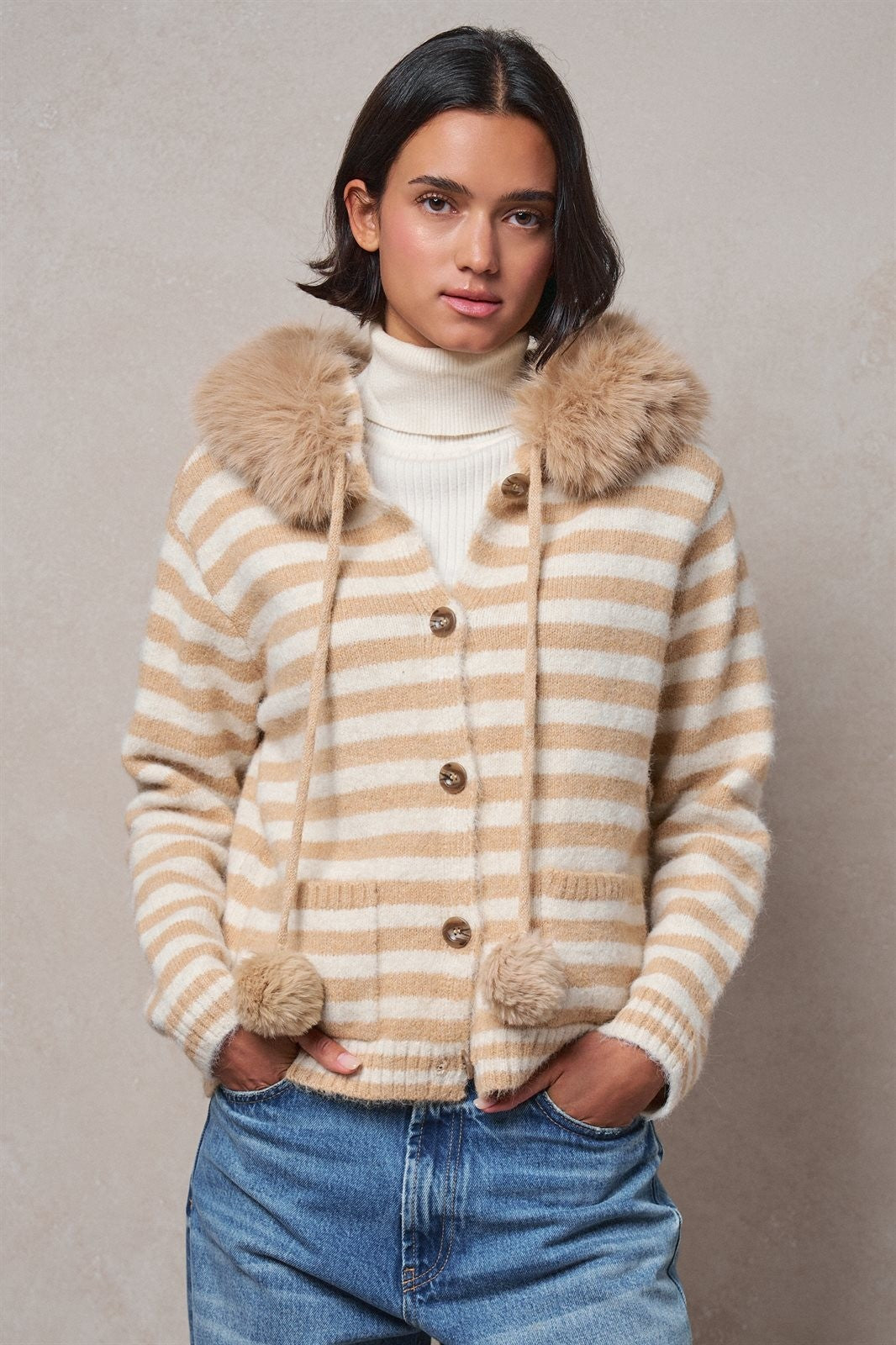 Striped Faux Fur Hood Knit Cardigan with Pom-Pom in Taupe	 - Women's Jackets & Blazers | Urban Daizy