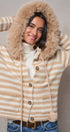 Striped Faux Fur Hood Knit Cardigan with Pom-Pom in Taupe	 - Women's Jackets & Blazers | Urban Daizy