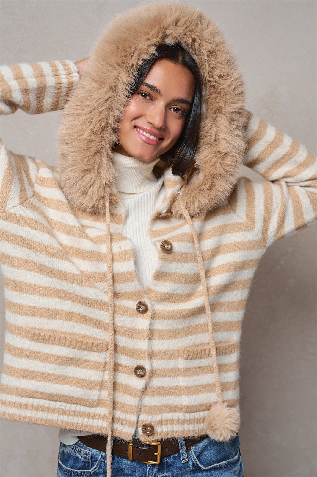 Striped Faux Fur Hood Knit Cardigan with Pom-Pom in Taupe	 - Women's Jackets & Blazers | Urban Daizy