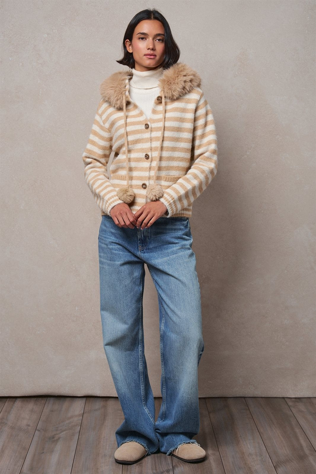 Striped Faux Fur Hood Knit Cardigan with Pom-Pom in Taupe	 - Women's Jackets & Blazers | Urban Daizy