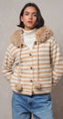 Striped Faux Fur Hood Knit Cardigan with Pom-Pom in Taupe	 - Women's Jackets & Blazers | Urban Daizy