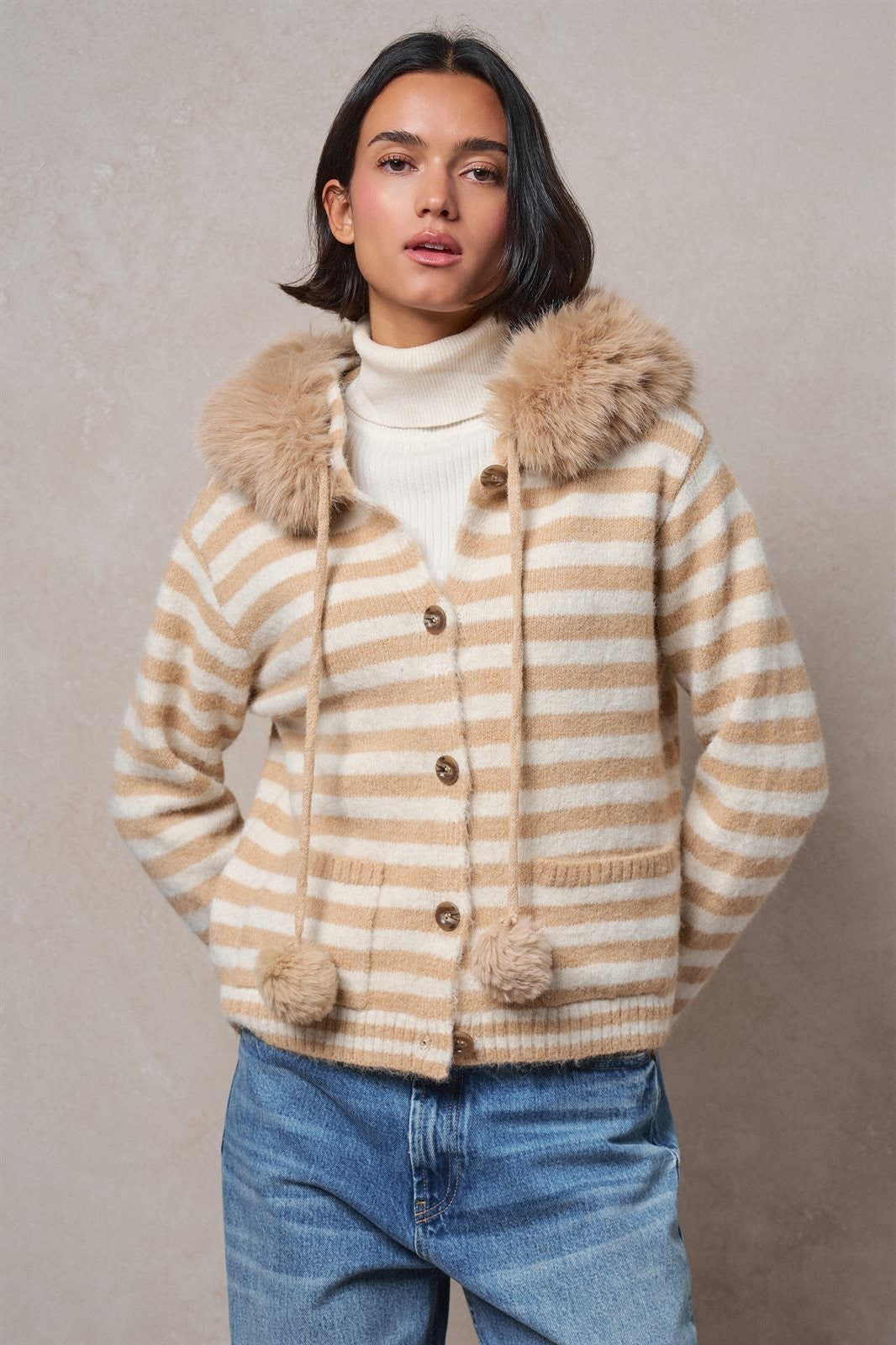 Striped Faux Fur Hood Knit Cardigan with Pom-Pom in Taupe	 - Women's Jackets & Blazers | Urban Daizy